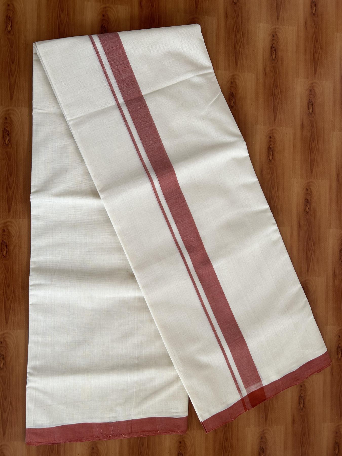 Double Off White (Unbleached) Mundu/Dhoti- 25% Discount! KaithariKada Handloom Millpaav - Kerala Handloom - Cotton - 80x90 - 1.25 inch Reddish Orange Mulloth Kara 4 meter (8.5 Muzham) - 3 KK5396 RAM