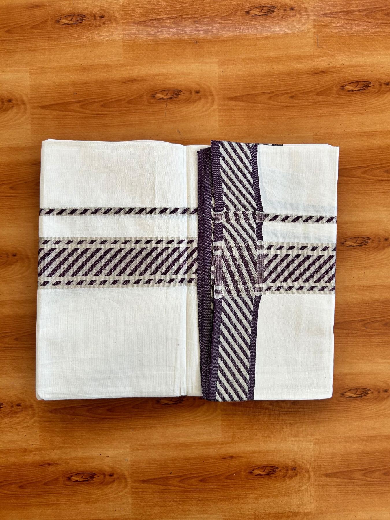 Single Off White (Unbleached) Mundu/Dhoti - 20% Discount ! KaithariKada 100% Pure Cotton - 70X30 - 1.75 inch Silver Kasav & Dark Purple Jacquard Design kara 2 mtr (4 Muzham) - 18 KK5494 PMC