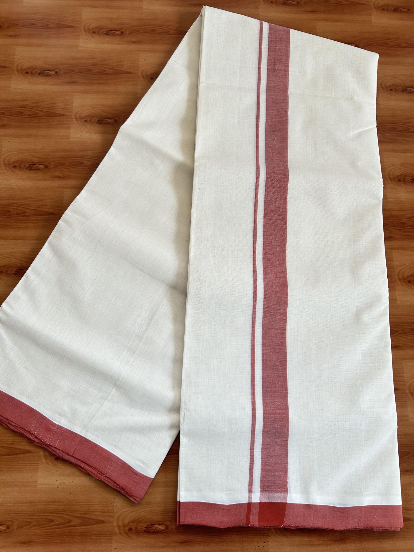 Double Off White (Unbleached) Mundu/Dhoti- 25% Discount! KaithariKada Handloom Millpaav - Kerala Handloom - Cotton - 80x90 - 1.25 inch Reddish Orange Mulloth Kara 4 meter (8.5 Muzham) - 3 KK5396 RAM
