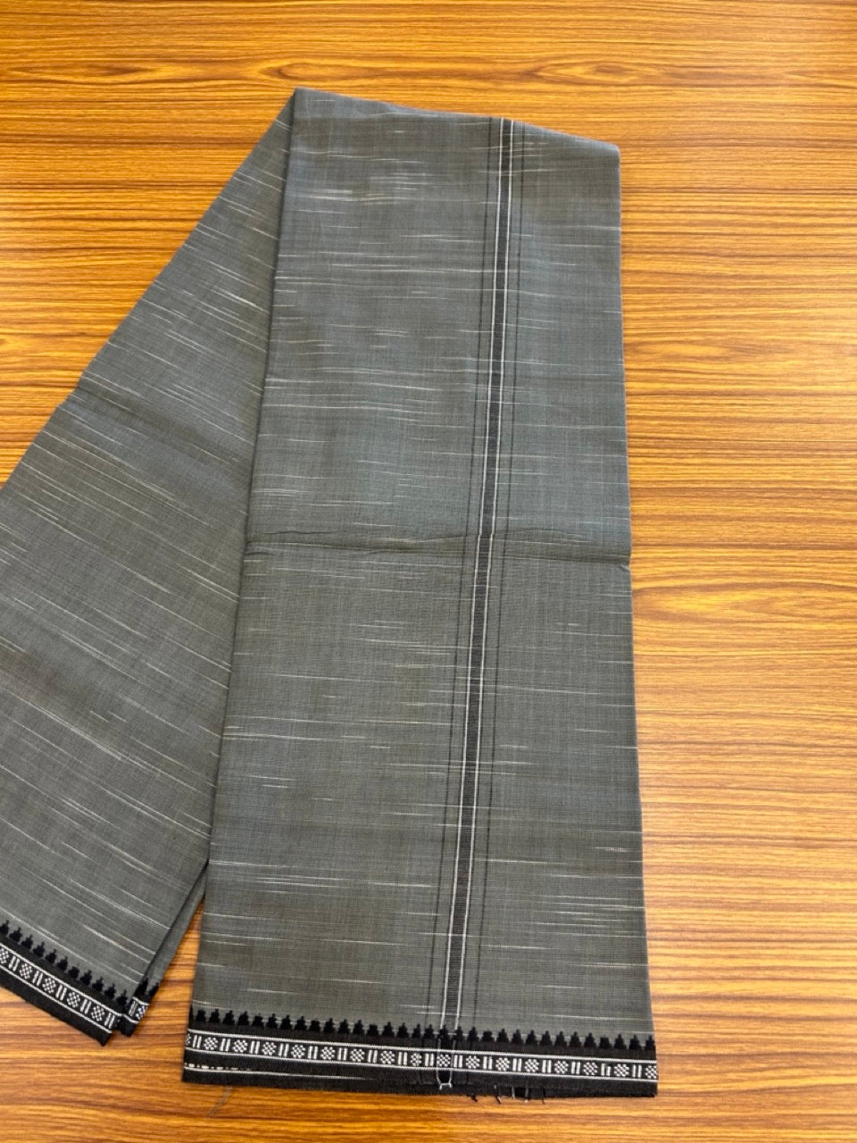 Premium Kathar Type Kavi Mund Pure cotton - Kaitharikada - Single Kaily / Lungi - 1 inch Black & White Stripes Kara kuppadam Border with Grey colour body (2 meter / 4 muzham) - 6 KK8039 MUT