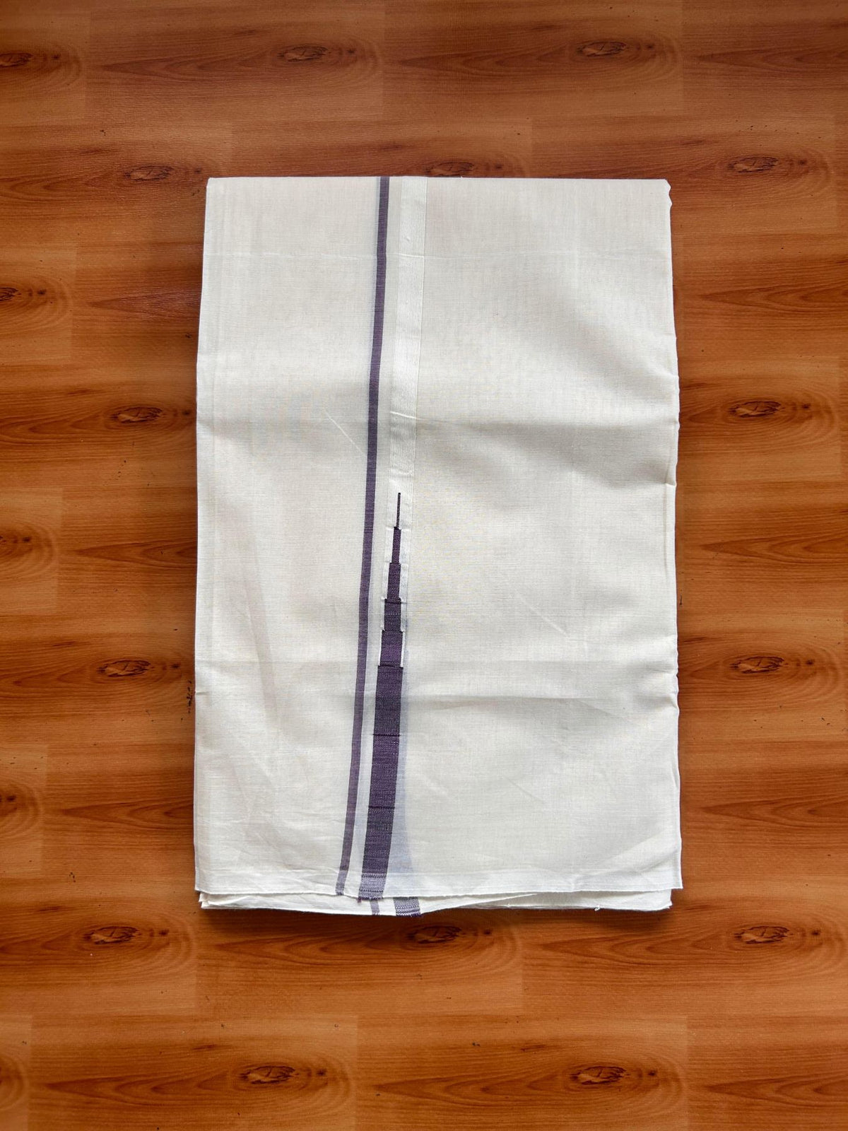 Double Off White (Unbleached) Mundu/Dhoti - 20% Discount!! KaithariKada Pulimood 100% Cotton 100X100 - 0.5 inch Puliyilakkara Violet Chutty Kara - 4 mtr (8.5 muzham) - 2 KK5542 ASH