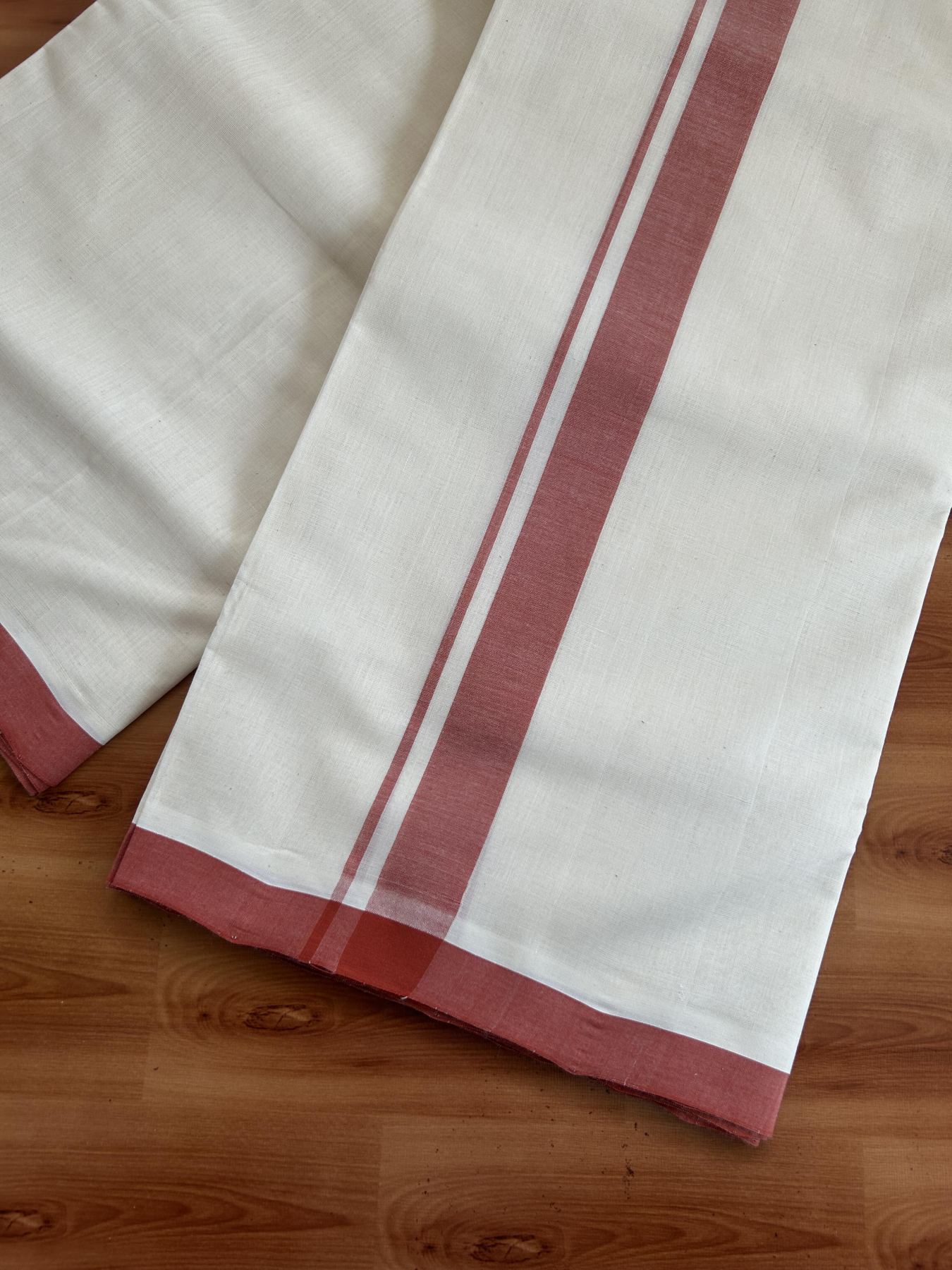 Double Off White (Unbleached) Mundu/Dhoti- 25% Discount! KaithariKada Handloom Millpaav - Kerala Handloom - Cotton - 80x90 - 1.25 inch Reddish Orange Mulloth Kara 4 meter (8.5 Muzham) - 3 KK5396 RAM