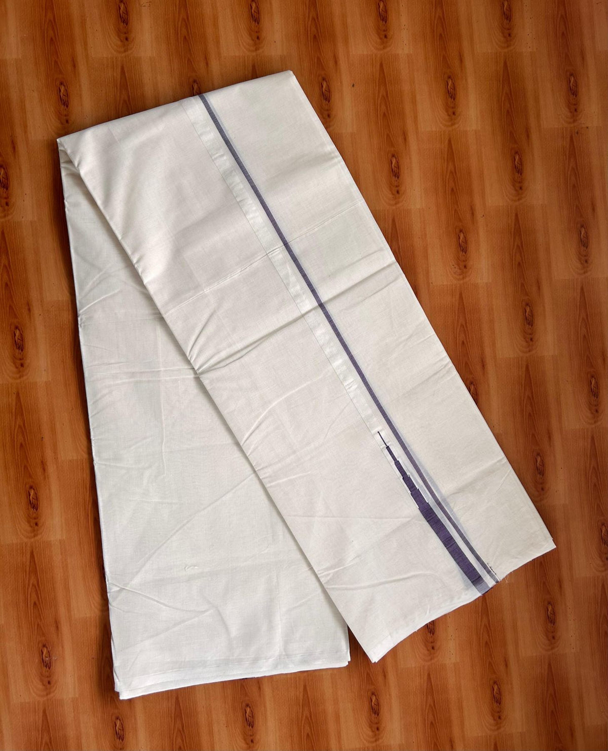 Double Off White (Unbleached) Mundu/Dhoti - 20% Discount!! KaithariKada Pulimood 100% Cotton 100X100 - 0.5 inch Puliyilakkara Violet Chutty Kara - 4 mtr (8.5 muzham) - 2 KK5542 ASH