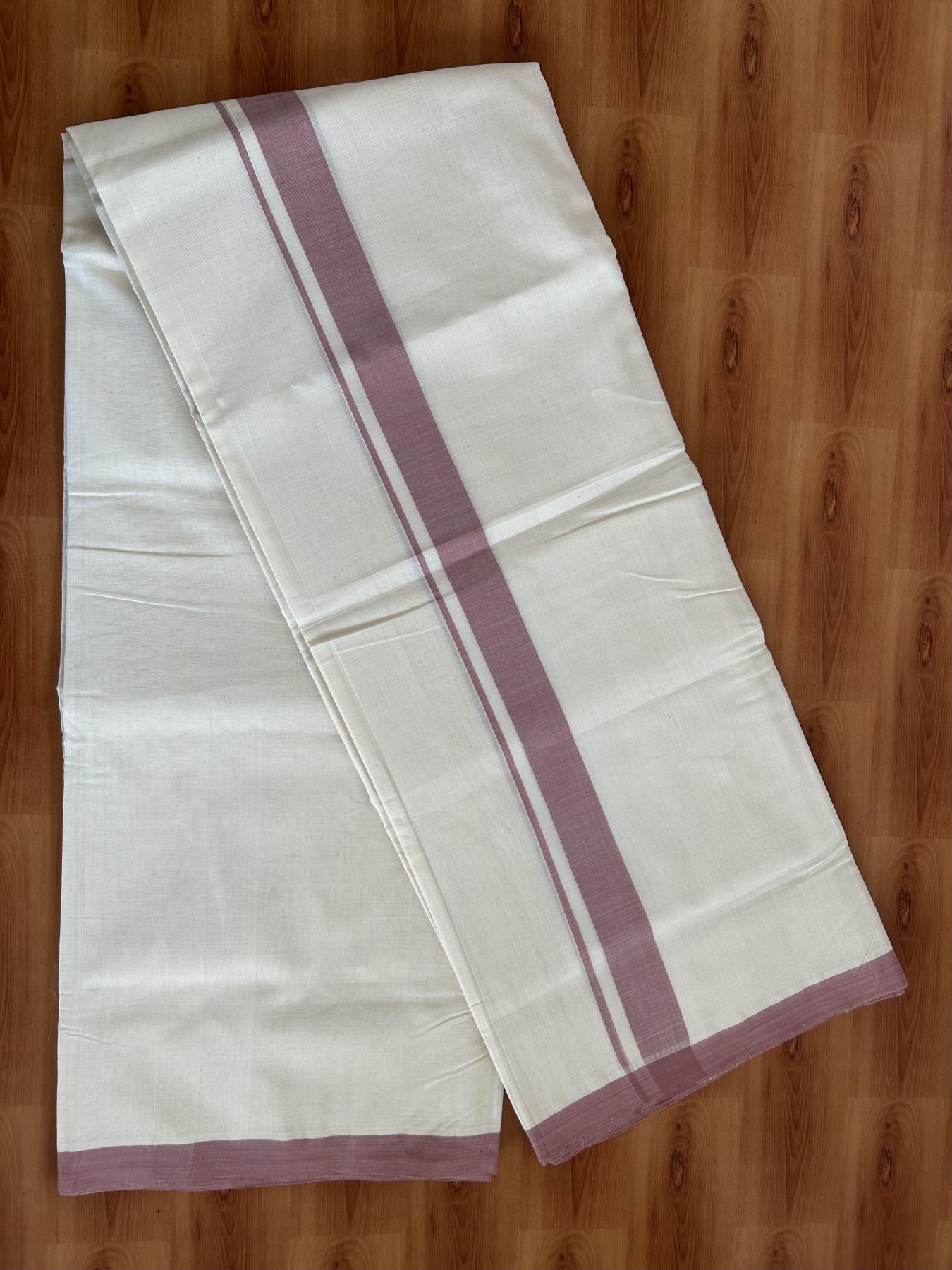 Double Off White (Unbleached) Mundu/Dhoti- 25% Discount! KaithariKada Handloom Millpaav - Kerala Handloom - Cotton - 80x90 - 1.25 inch Dusty Pink Mulloth Kara 4 meter (8.5 Muzham) - 1 KK5396 RAM