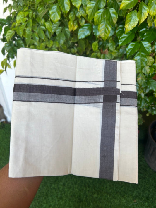 24% Discount ! KaithariKada Balaramapuram 100% Cotton Double OFF WHITE- (Unbleached) - Mundu / Dhoti- 100x80 - 1.5 inch Dark Brown Kara - 8KK5214 MC