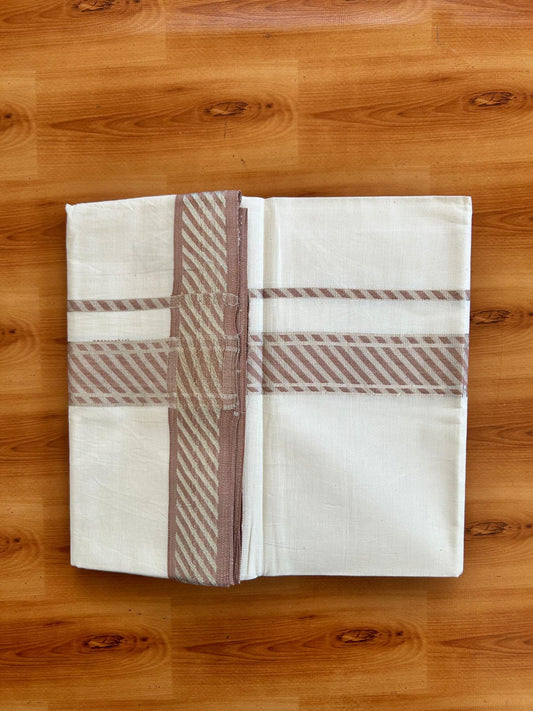Single Off White (Unbleached) Mundu/Dhoti - 20% Discount ! KaithariKada 100% Pure Cotton - 70X30 - 1.75 inch Silver Kasav & Dusty Peach Jacquard Design kara 2 mtr (4 Muzham) - 19 KK5494 PMC
