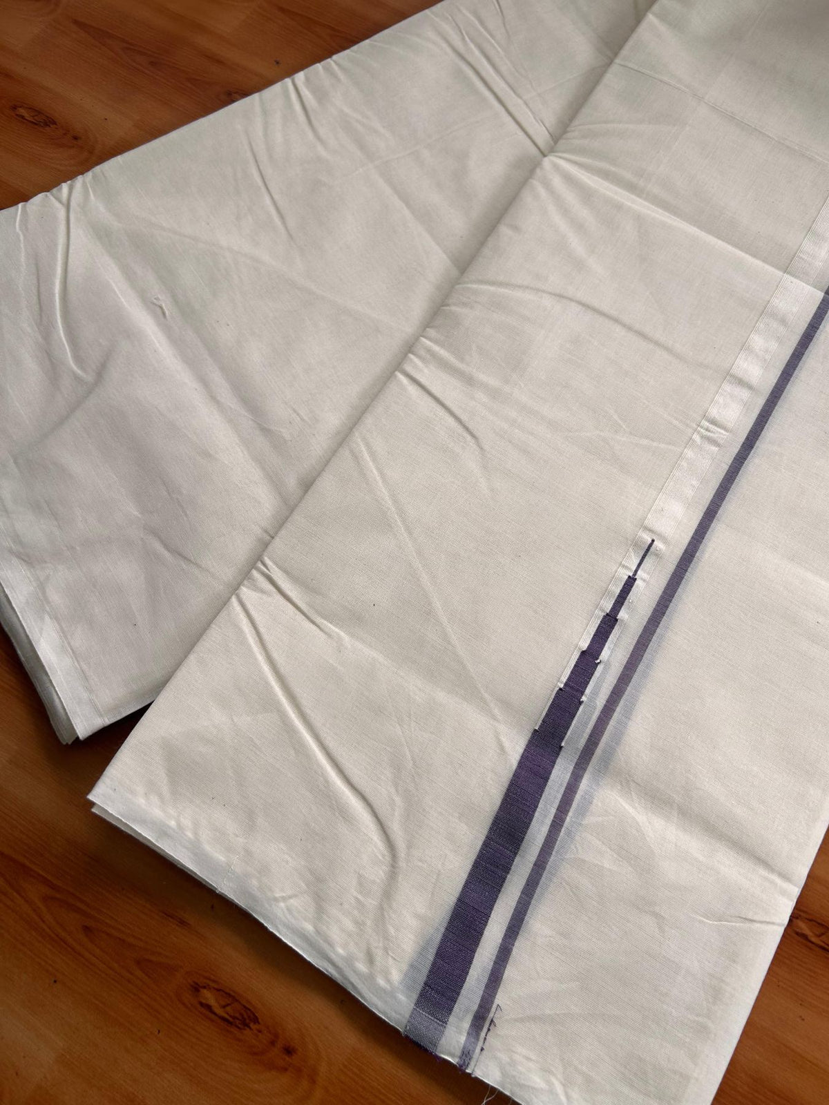 Double Off White (Unbleached) Mundu/Dhoti - 20% Discount!! KaithariKada Pulimood 100% Cotton 100X100 - 0.5 inch Puliyilakkara Violet Chutty Kara - 4 mtr (8.5 muzham) - 2 KK5542 ASH