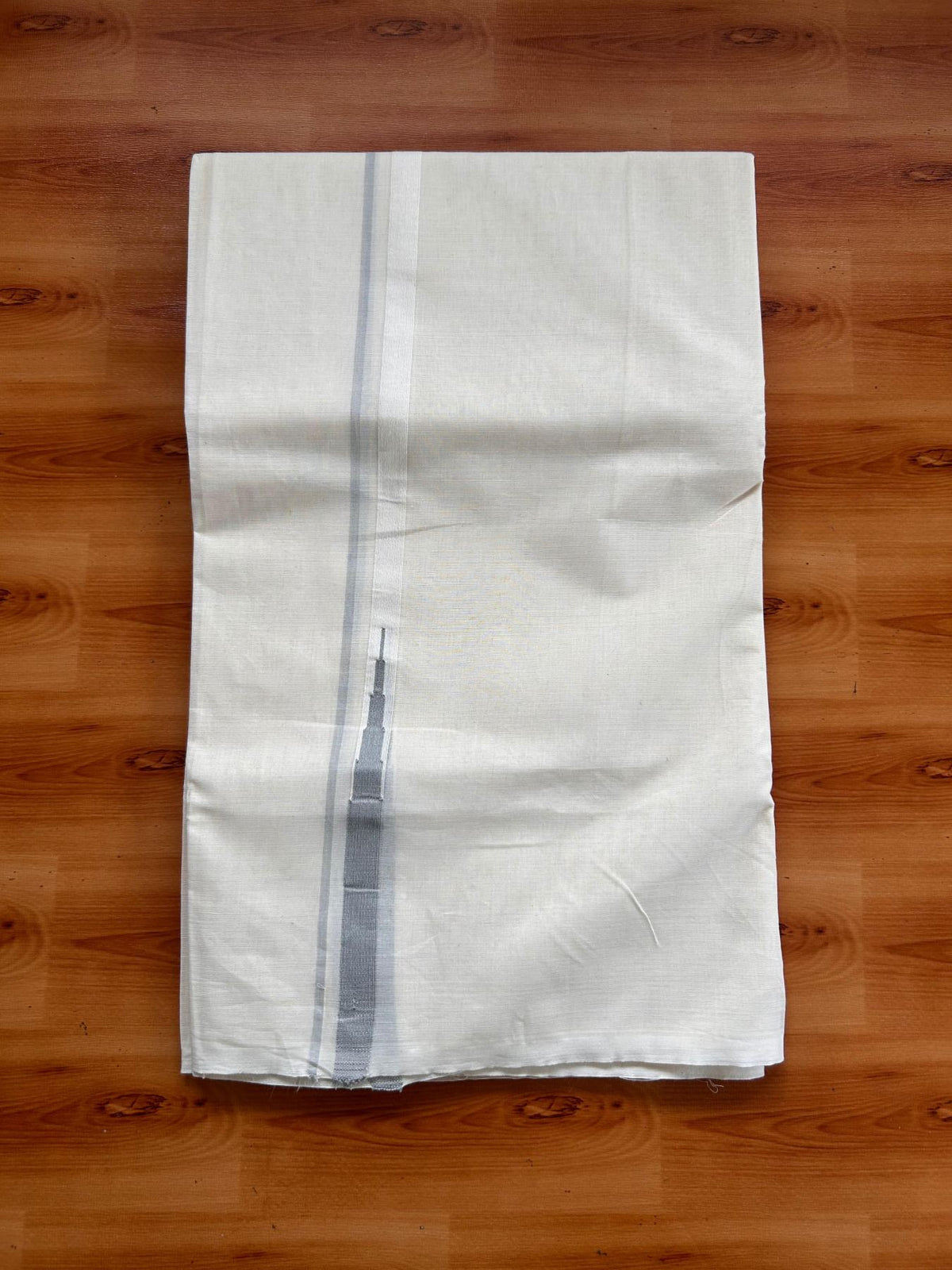 Double Off White (Unbleached) Mundu/Dhoti - 20% Discount!! KaithariKada Pulimood 100% Cotton 100X100 - 0.5 inch Puliyilakkara Ash Chutty Kara - 4 mtr (8.5 muzham) - 3 KK5542 ASH