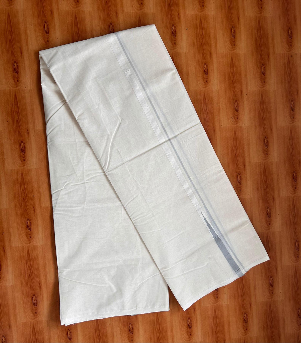 Double Off White (Unbleached) Mundu/Dhoti - 20% Discount!! KaithariKada Pulimood 100% Cotton 100X100 - 0.5 inch Puliyilakkara Ash Chutty Kara - 4 mtr (8.5 muzham) - 3 KK5542 ASH
