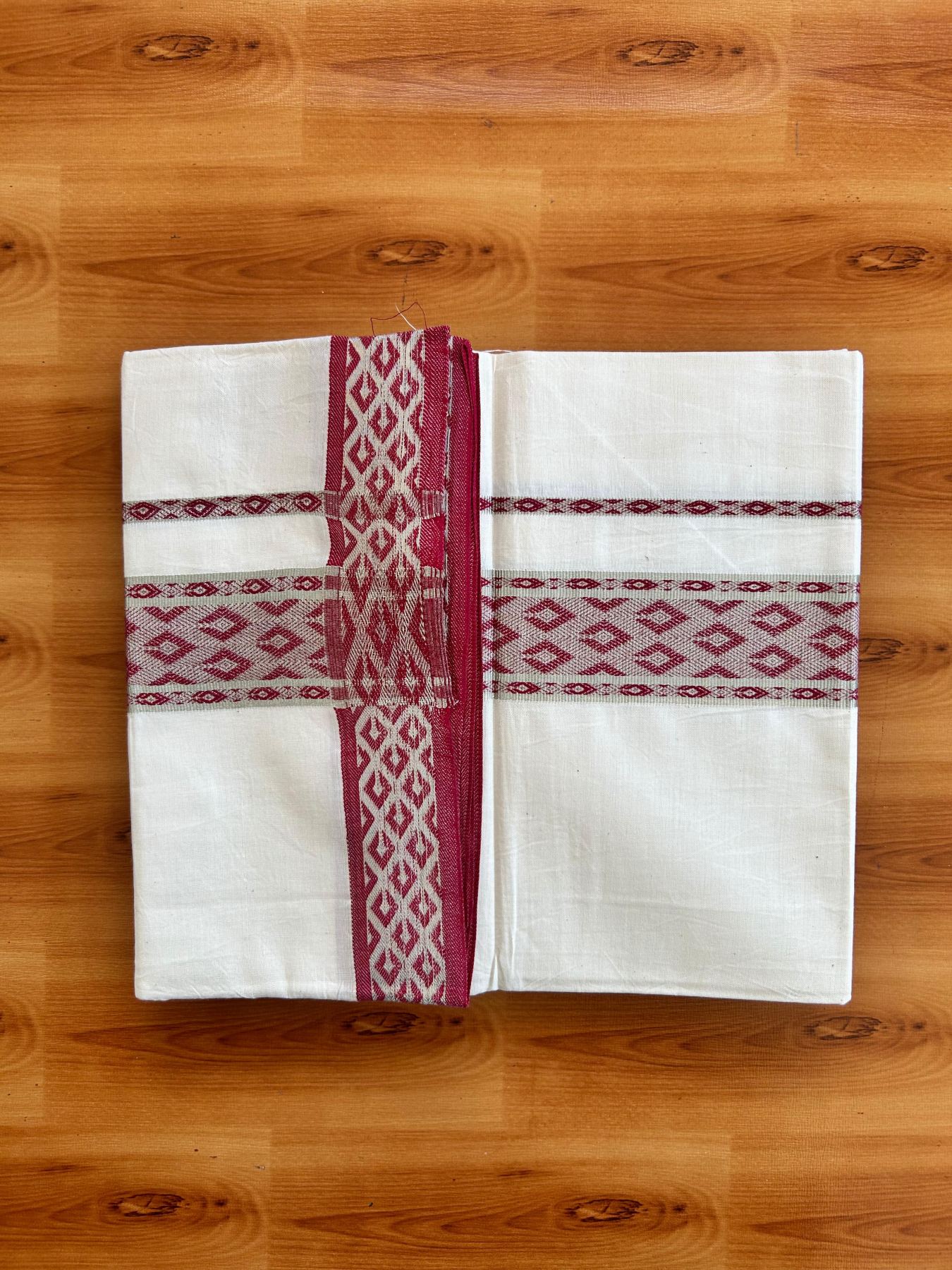 Single Off White (Unbleached) Mundu/Dhoti - 20% Discount ! KaithariKada 100% Pure Cotton - 70X30 - 1.75 inch Silver Kasav & Red Jacquard Design kara 2 mtr (4 Muzham) - 20 KK5494 PMC