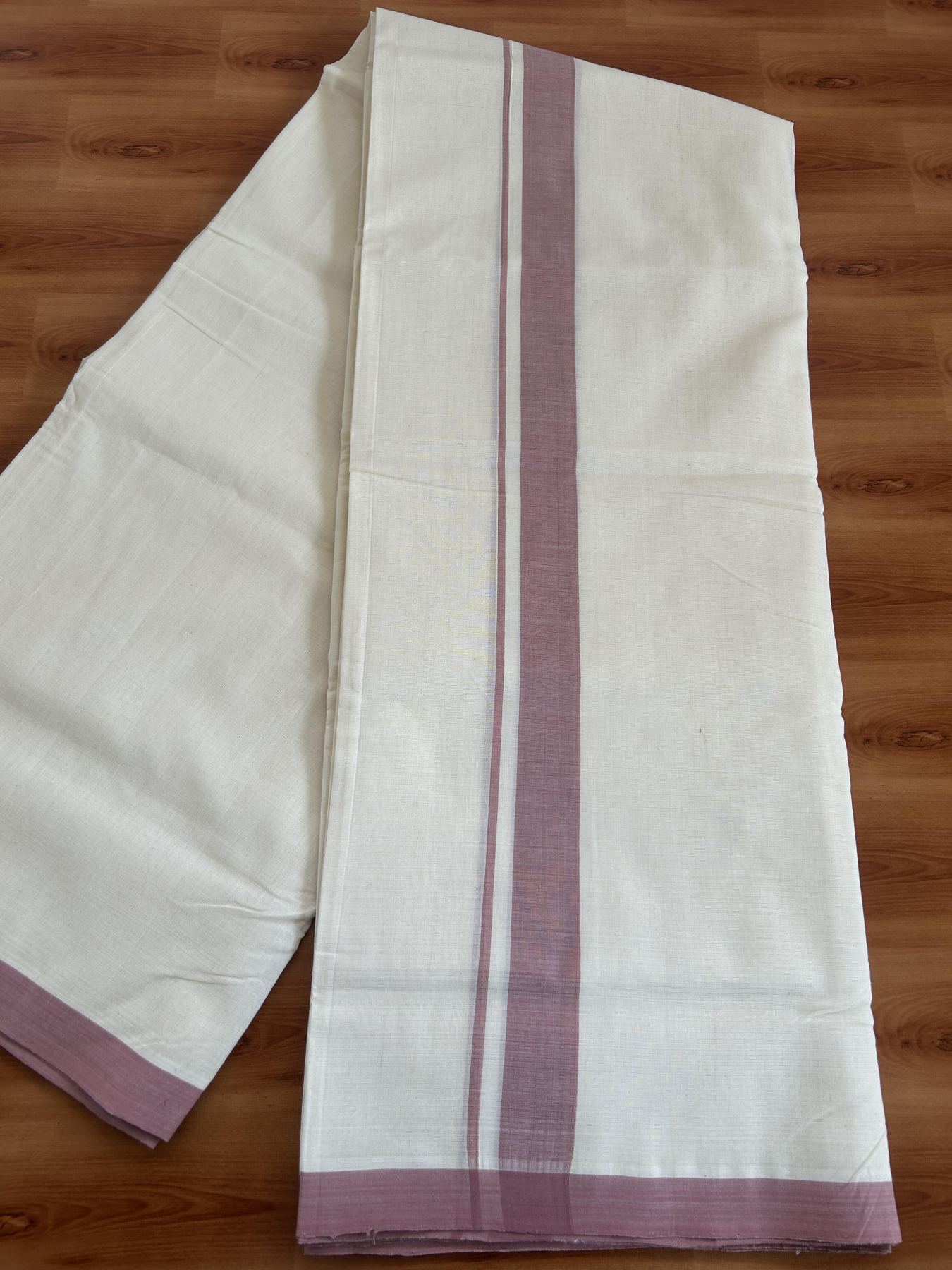 Double Off White (Unbleached) Mundu/Dhoti- 25% Discount! KaithariKada Handloom Millpaav - Kerala Handloom - Cotton - 80x90 - 1.25 inch Dusty Pink Mulloth Kara 4 meter (8.5 Muzham) - 1 KK5396 RAM