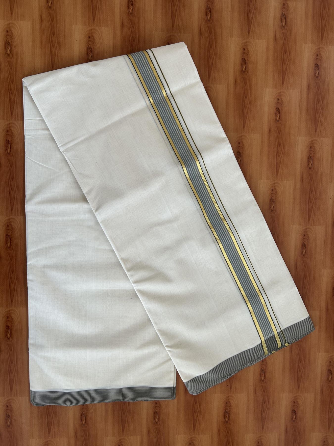 Double Off White (Unbleached) Mundu/Dhoti- 25% Discount! KaithariKada Handloom Millpaav - Kerala Handloom - Cotton - 80x90 - 1.25 inch Gold Kasav & Grey & Green Shaded Striped Kara 4.50 meter (10 Muzham) - 24 KK5396 RAM