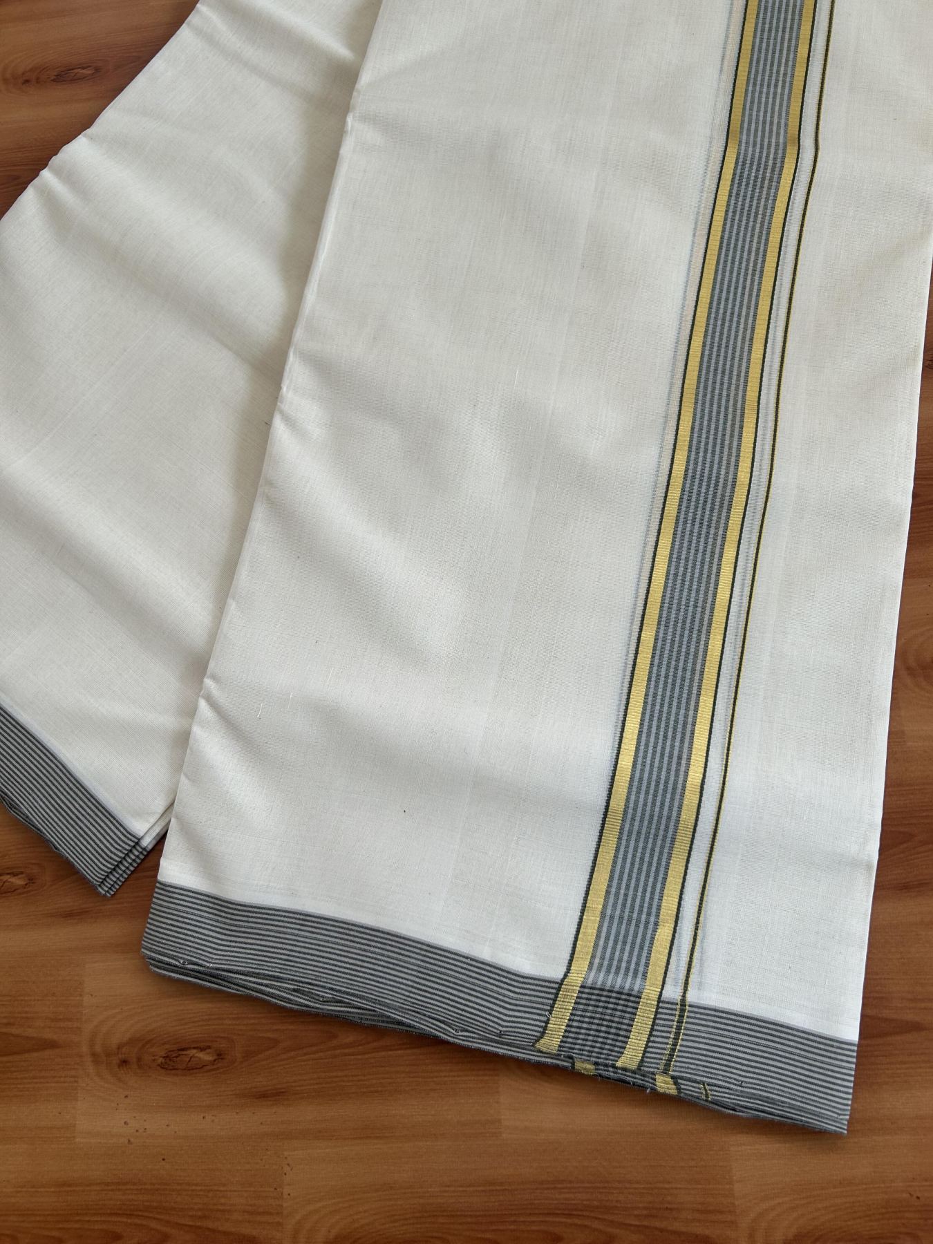 Double Off White (Unbleached) Mundu/Dhoti- 25% Discount! KaithariKada Handloom Millpaav - Kerala Handloom - Cotton - 80x90 - 1.25 inch Gold Kasav & Grey & Green Shaded Striped Kara 4.50 meter (10 Muzham) - 24 KK5396 RAM