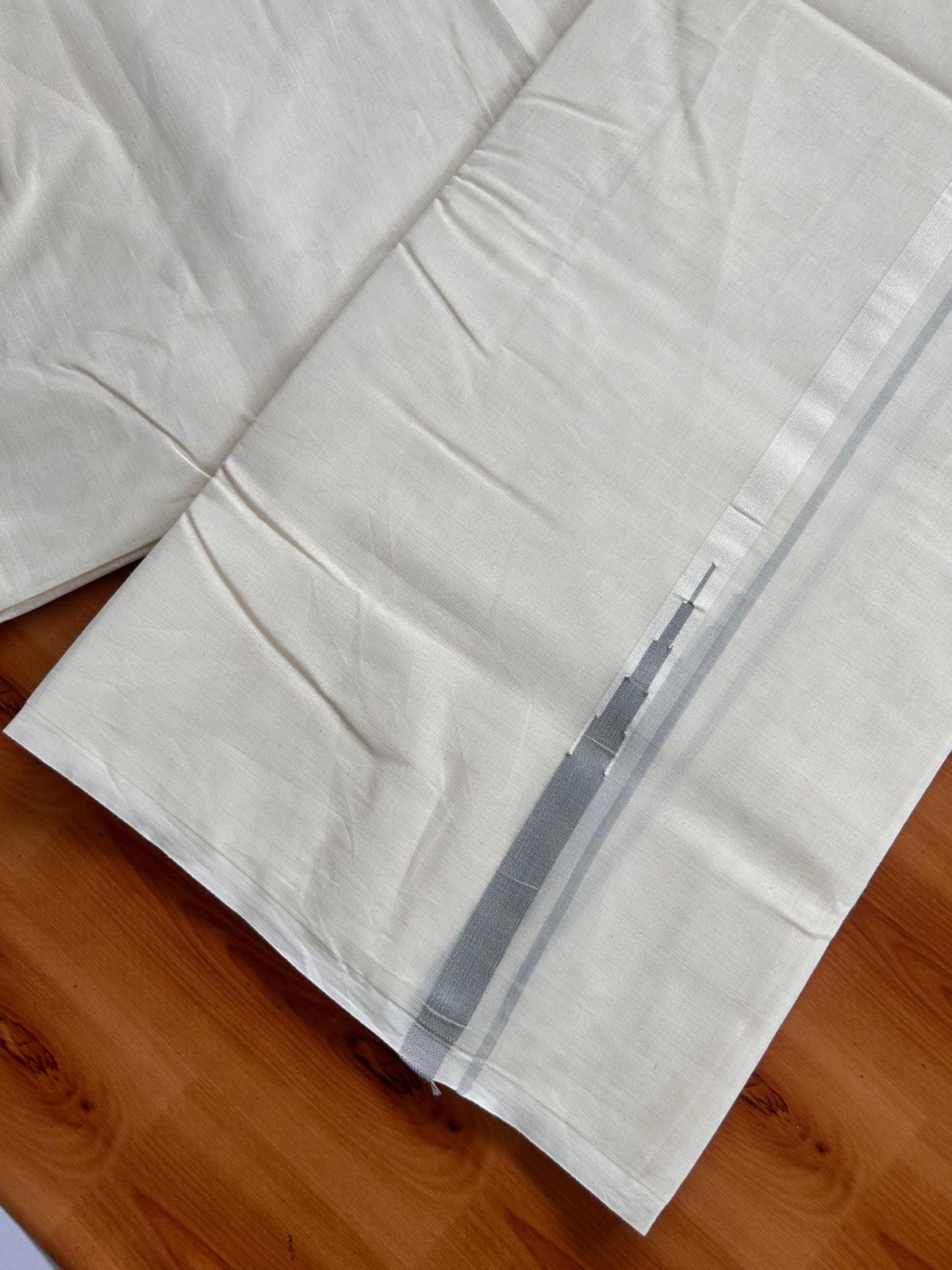 Double Off White (Unbleached) Mundu/Dhoti - 20% Discount!! KaithariKada Pulimood 100% Cotton 100X100 - 0.5 inch Puliyilakkara Ash Chutty Kara - 4 mtr (8.5 muzham) - 3 KK5542 ASH