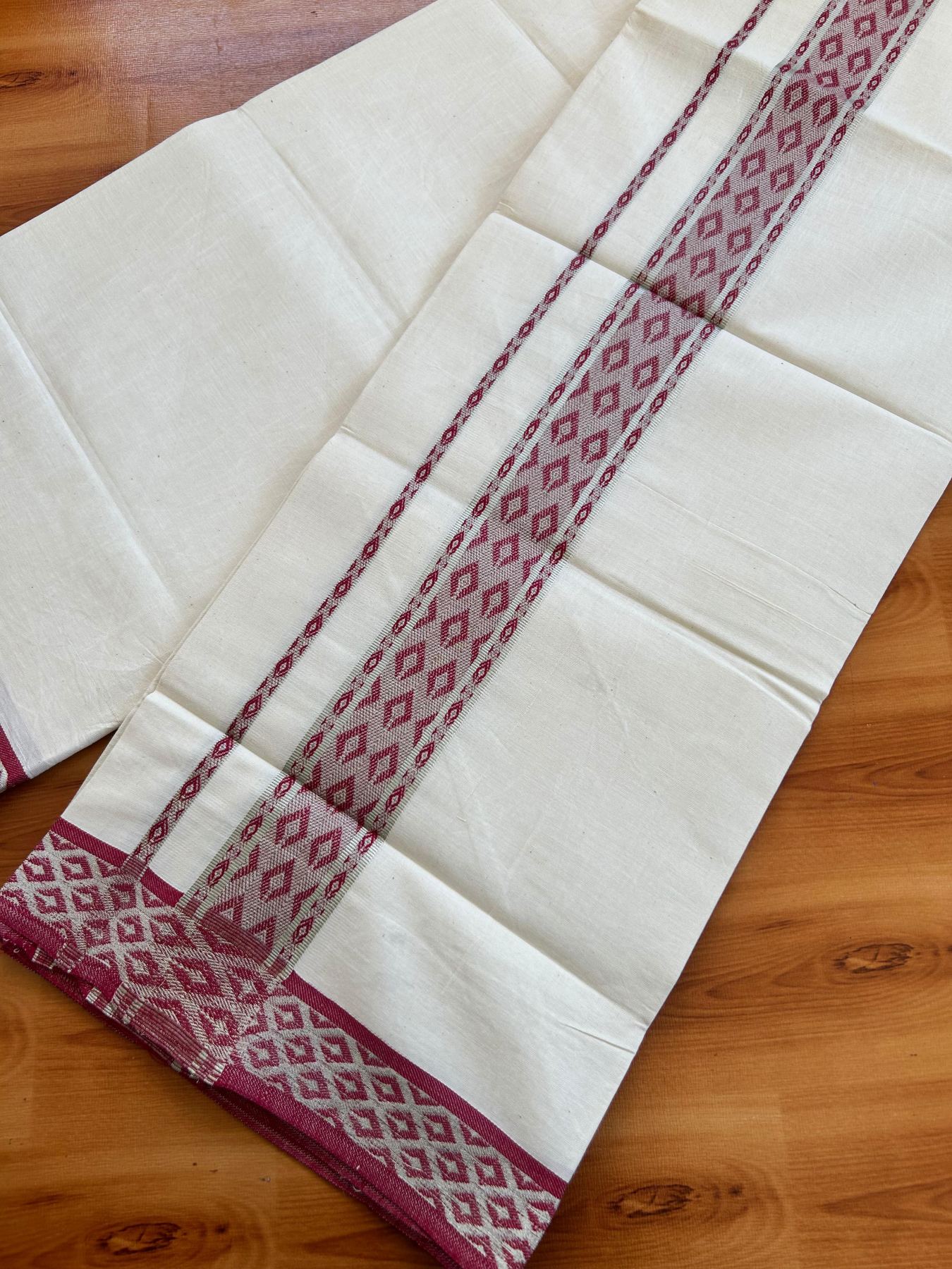 Single Off White (Unbleached) Mundu/Dhoti - 20% Discount ! KaithariKada 100% Pure Cotton - 70X30 - 1.75 inch Silver Kasav & Red Jacquard Design kara 2 mtr (4 Muzham) - 20 KK5494 PMC