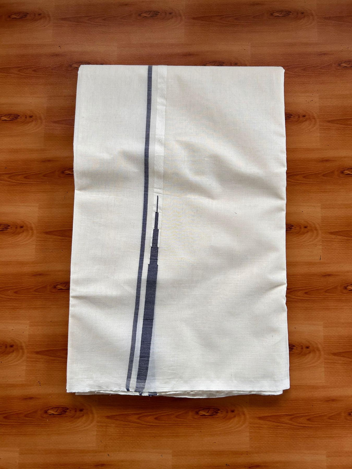 Double Off White (Unbleached) Mundu/Dhoti - 20% Discount!! KaithariKada Pulimood 100% Cotton 100X100 - 0.5 inch Puliyilakkara Navy Blue Chutty Kara - 4 mtr (8.5 muzham) - 4 KK5542 ASH