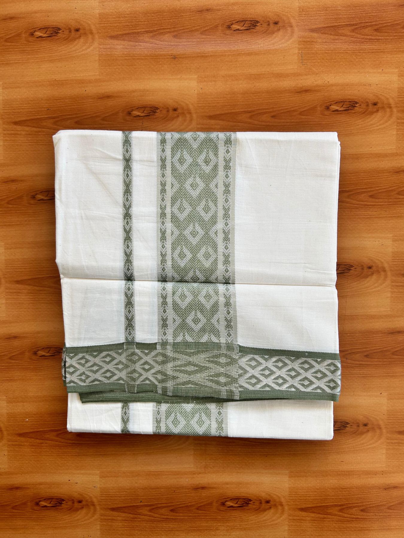 Single Off White (Unbleached) Mundu/Dhoti - 20% Discount ! KaithariKada 100% Pure Cotton - 70X30 - 2.5 inch Silver Kasav & Moss Green Jacquard Design kara 2 mtr (4 Muzham) - 21 KK5494 PMC