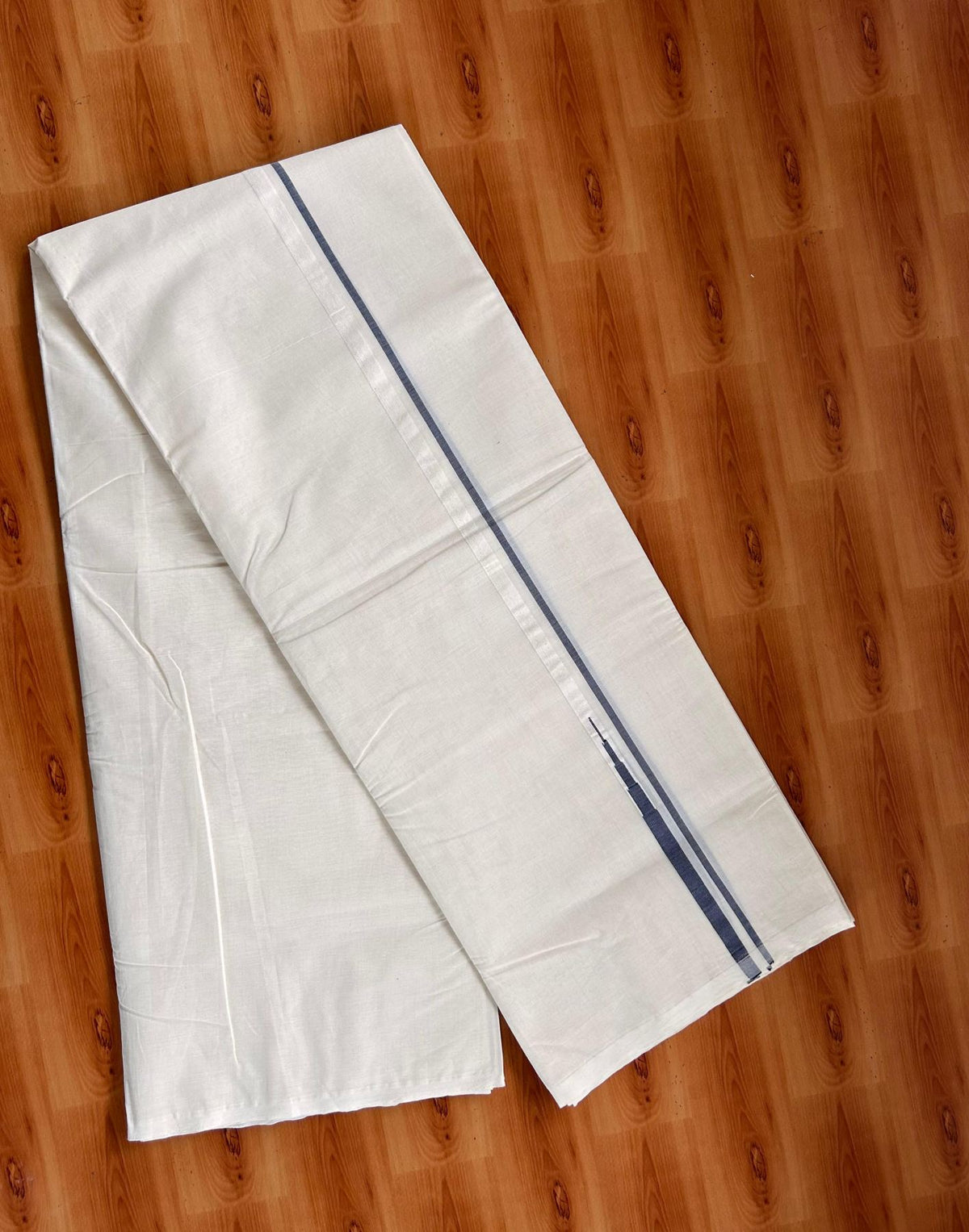 Double Off White (Unbleached) Mundu/Dhoti - 20% Discount!! KaithariKada Pulimood 100% Cotton 100X100 - 0.5 inch Puliyilakkara Navy Blue Chutty Kara - 4 mtr (8.5 muzham) - 4 KK5542 ASH