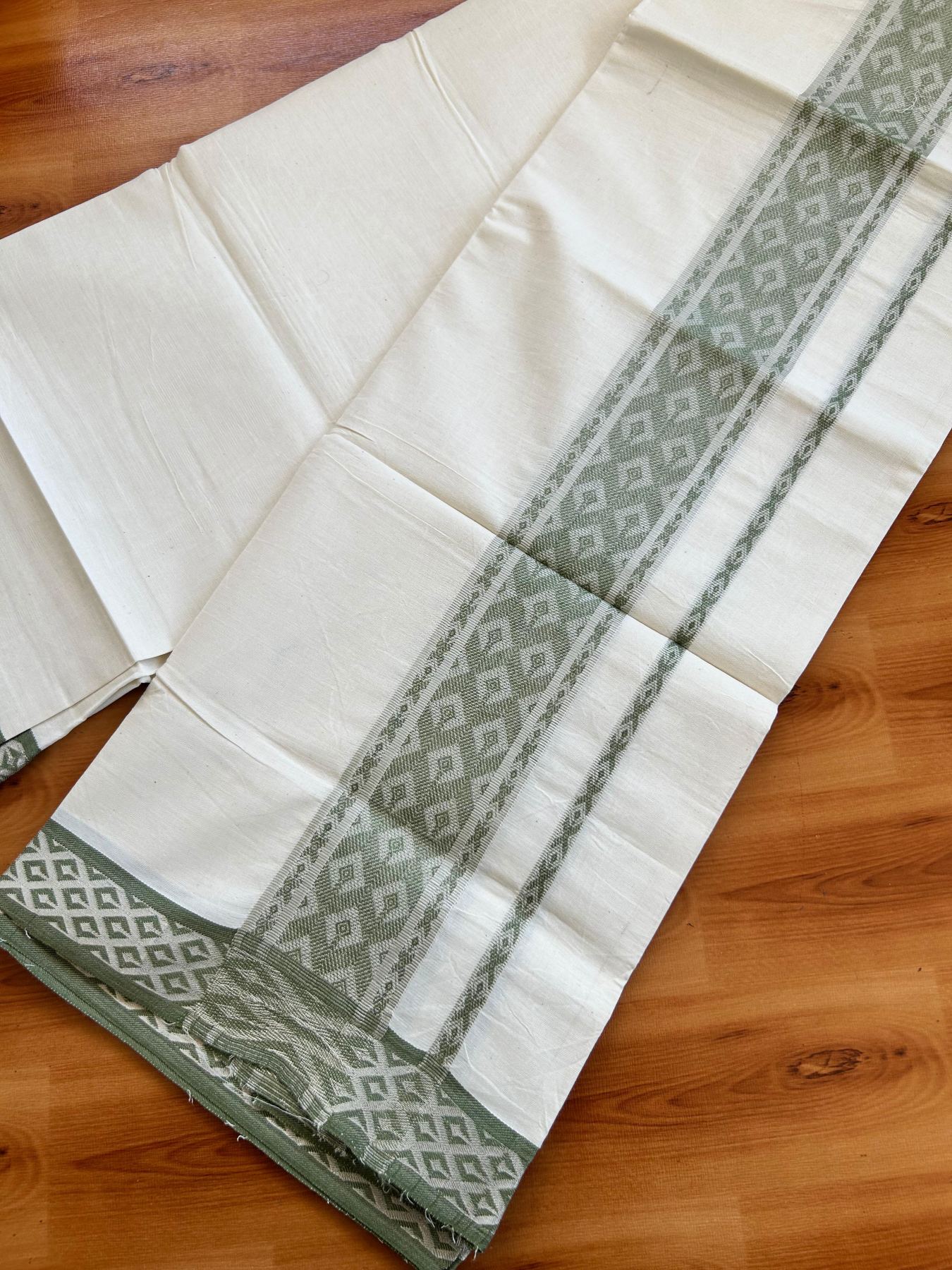 Single Off White (Unbleached) Mundu/Dhoti - 20% Discount ! KaithariKada 100% Pure Cotton - 70X30 - 2.5 inch Silver Kasav & Moss Green Jacquard Design kara 2 mtr (4 Muzham) - 21 KK5494 PMC