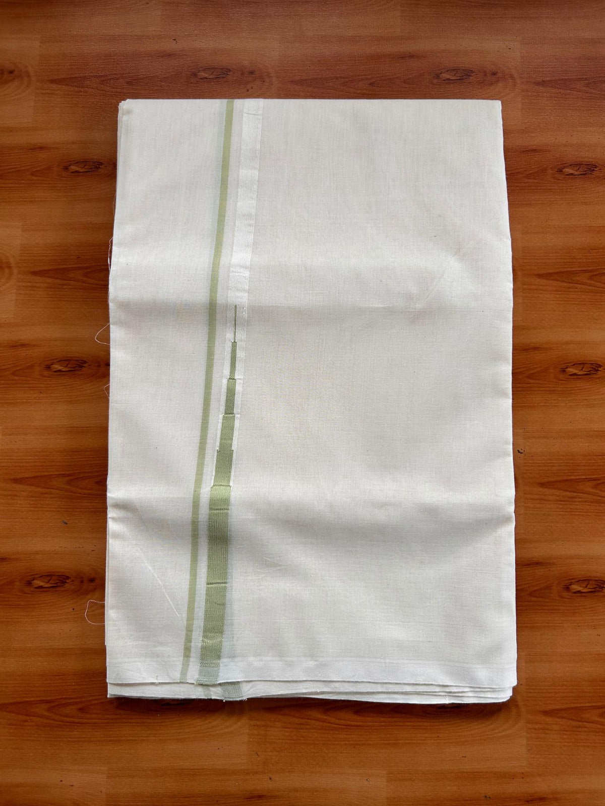 Double Off White (Unbleached) Mundu/Dhoti - 20% Discount!! KaithariKada Pulimood 100% Cotton 100X100 - 0.5 inch Puliyilakkara Light Green Chutty Kara - 4 mtr (8.5 muzham) - 5 KK5542 ASH