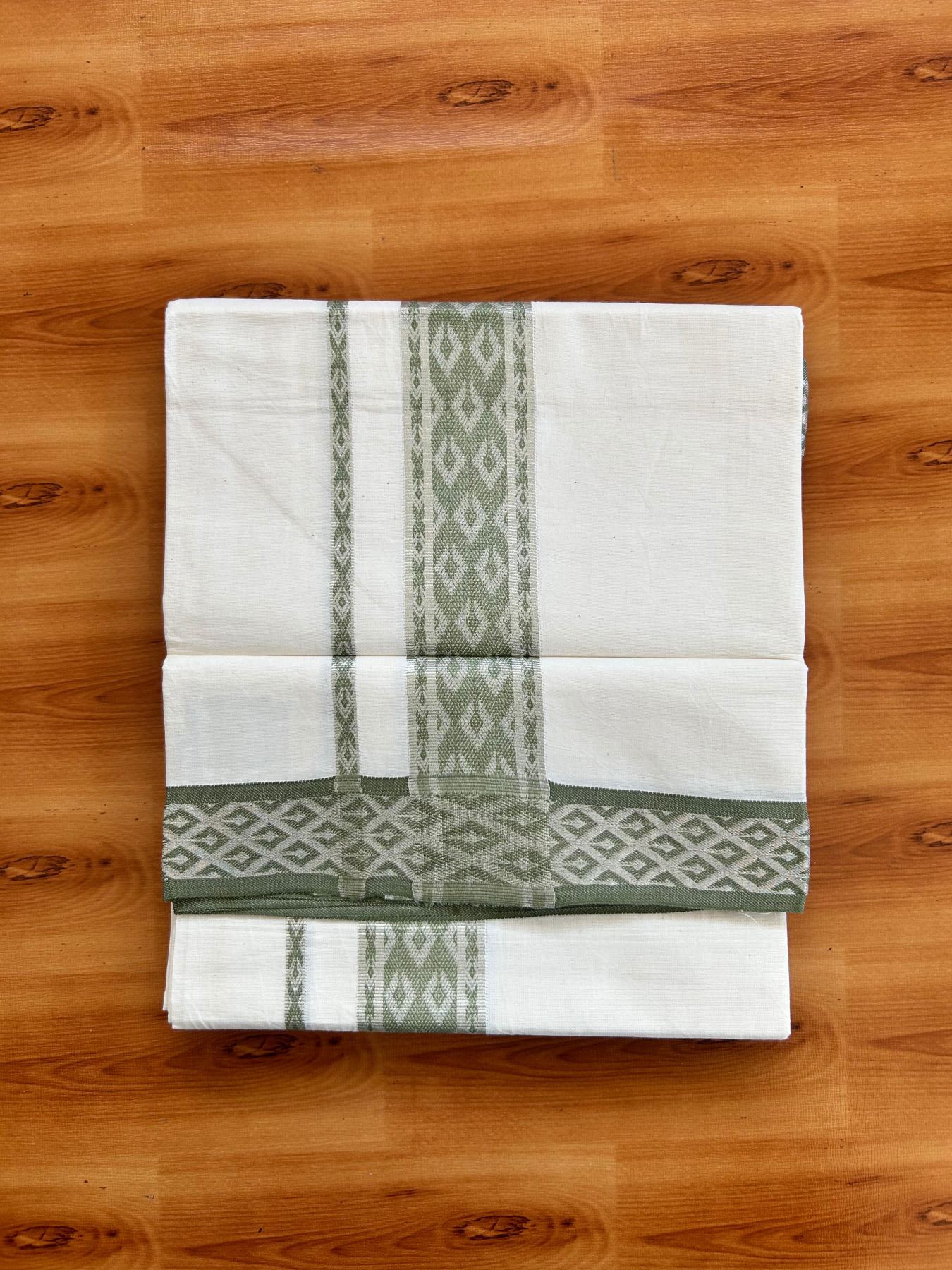 Single Off White (Unbleached) Mundu/Dhoti - 20% Discount ! KaithariKada 100% Pure Cotton - 70X30 - 1.75 inch Silver Kasav & Moss Green Jacquard Design kara 2 mtr (4 Muzham) - 22 KK5494 PMC