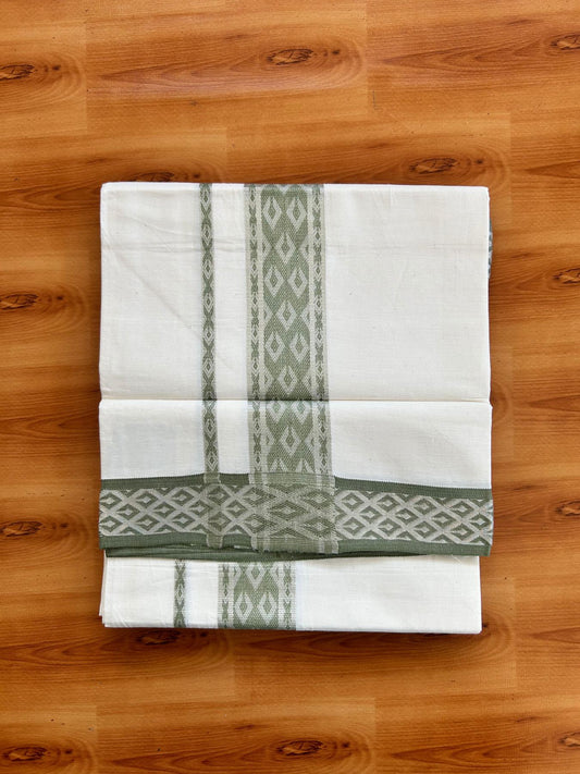 Single Off White (Unbleached) Mundu/Dhoti - 20% Discount ! KaithariKada 100% Pure Cotton - 70X30 - 1.75 inch Silver Kasav & Moss Green Jacquard Design kara 2 mtr (4 Muzham) - 22 KK5494 PMC