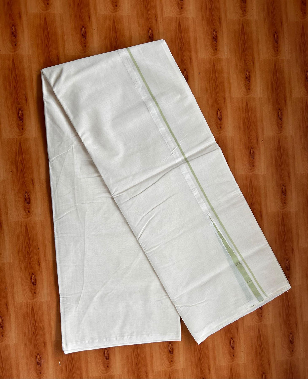 Double Off White (Unbleached) Mundu/Dhoti - 20% Discount!! KaithariKada Pulimood 100% Cotton 100X100 - 0.5 inch Puliyilakkara Light Green Chutty Kara - 4 mtr (8.5 muzham) - 5 KK5542 ASH