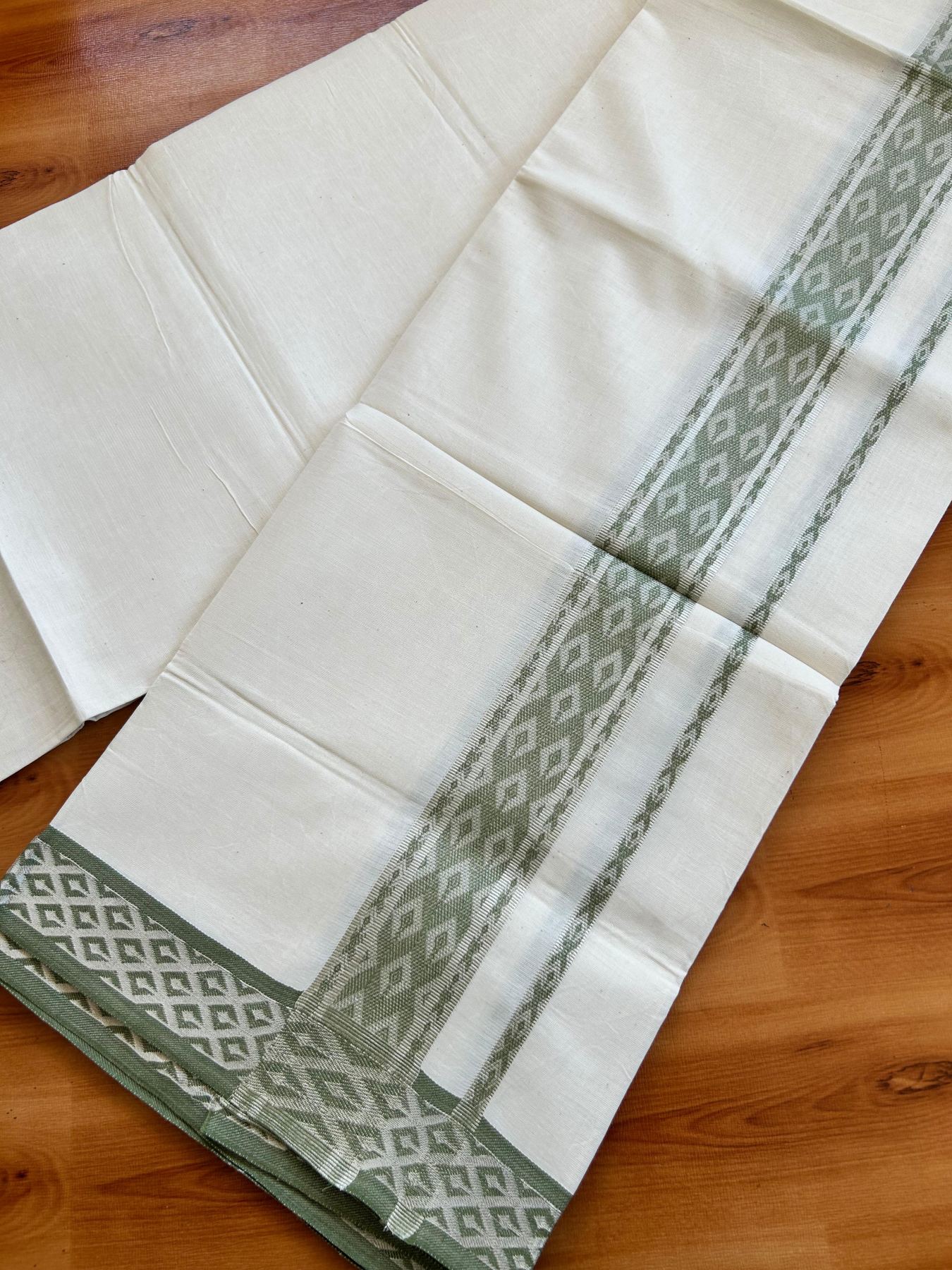 Single Off White (Unbleached) Mundu/Dhoti - 20% Discount ! KaithariKada 100% Pure Cotton - 70X30 - 1.75 inch Silver Kasav & Moss Green Jacquard Design kara 2 mtr (4 Muzham) - 22 KK5494 PMC