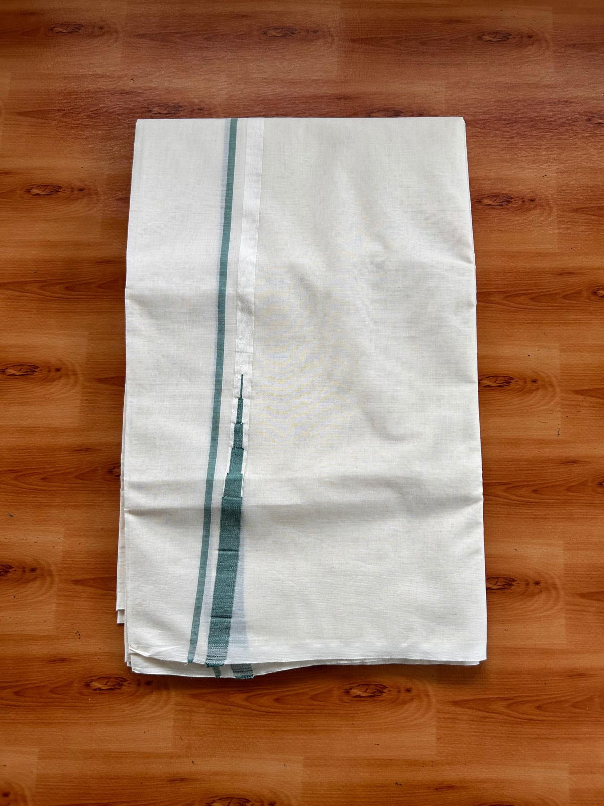 Double Off White (Unbleached) Mundu/Dhoti - 20% Discount!! KaithariKada Pulimood 100% Cotton 100X100 - 0.5 inch Puliyilakkara Green Chutty Kara - 4 mtr (8.5 muzham) - 6 KK5542 ASH