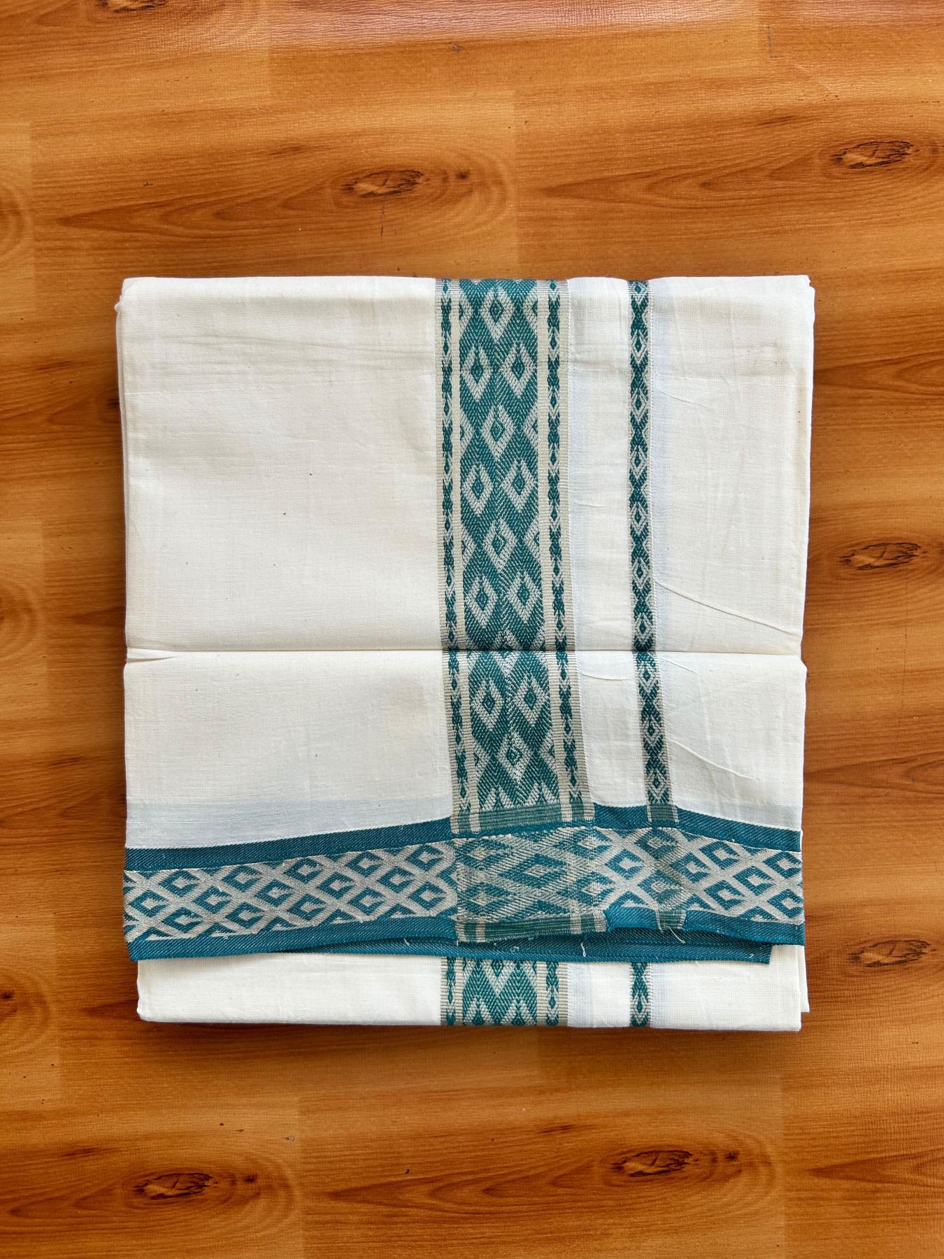 Single Off White (Unbleached) Mundu/Dhoti - 20% Discount ! KaithariKada 100% Pure Cotton - 70X30 - 1.75 inch Silver Kasav & Peacock Blue Jacquard Design kara 2 mtr (4 Muzham) - 23 KK5494 PMC
