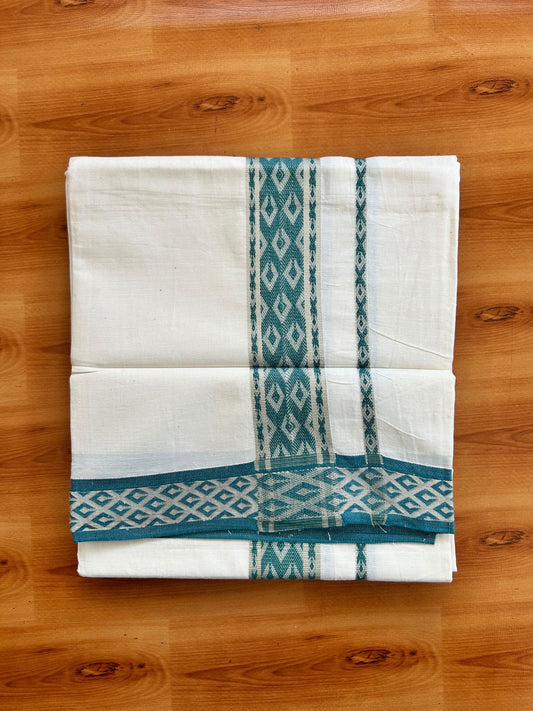 Single Off White (Unbleached) Mundu/Dhoti - 20% Discount ! KaithariKada 100% Pure Cotton - 70X30 - 1.75 inch Silver Kasav & Peacock Blue Jacquard Design kara 2 mtr (4 Muzham) - 23 KK5494 PMC