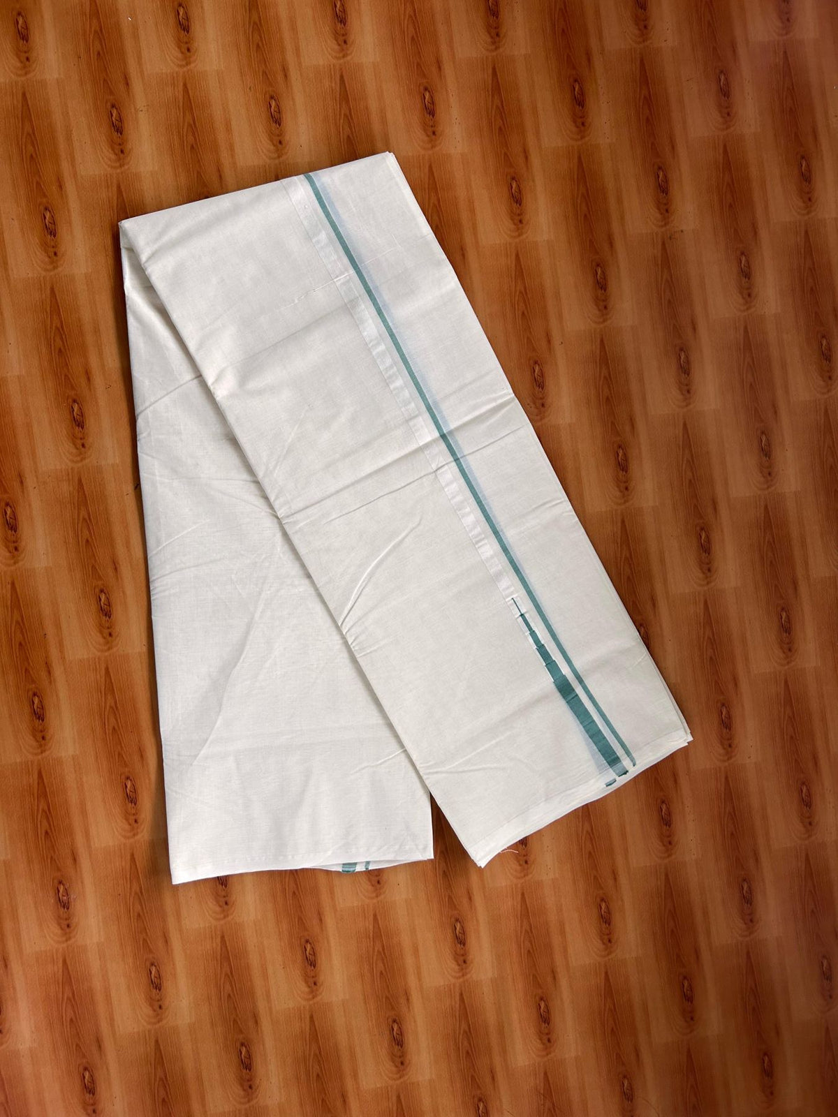 Double Off White (Unbleached) Mundu/Dhoti - 20% Discount!! KaithariKada Pulimood 100% Cotton 100X100 - 0.5 inch Puliyilakkara Green Chutty Kara - 4 mtr (8.5 muzham) - 6 KK5542 ASH