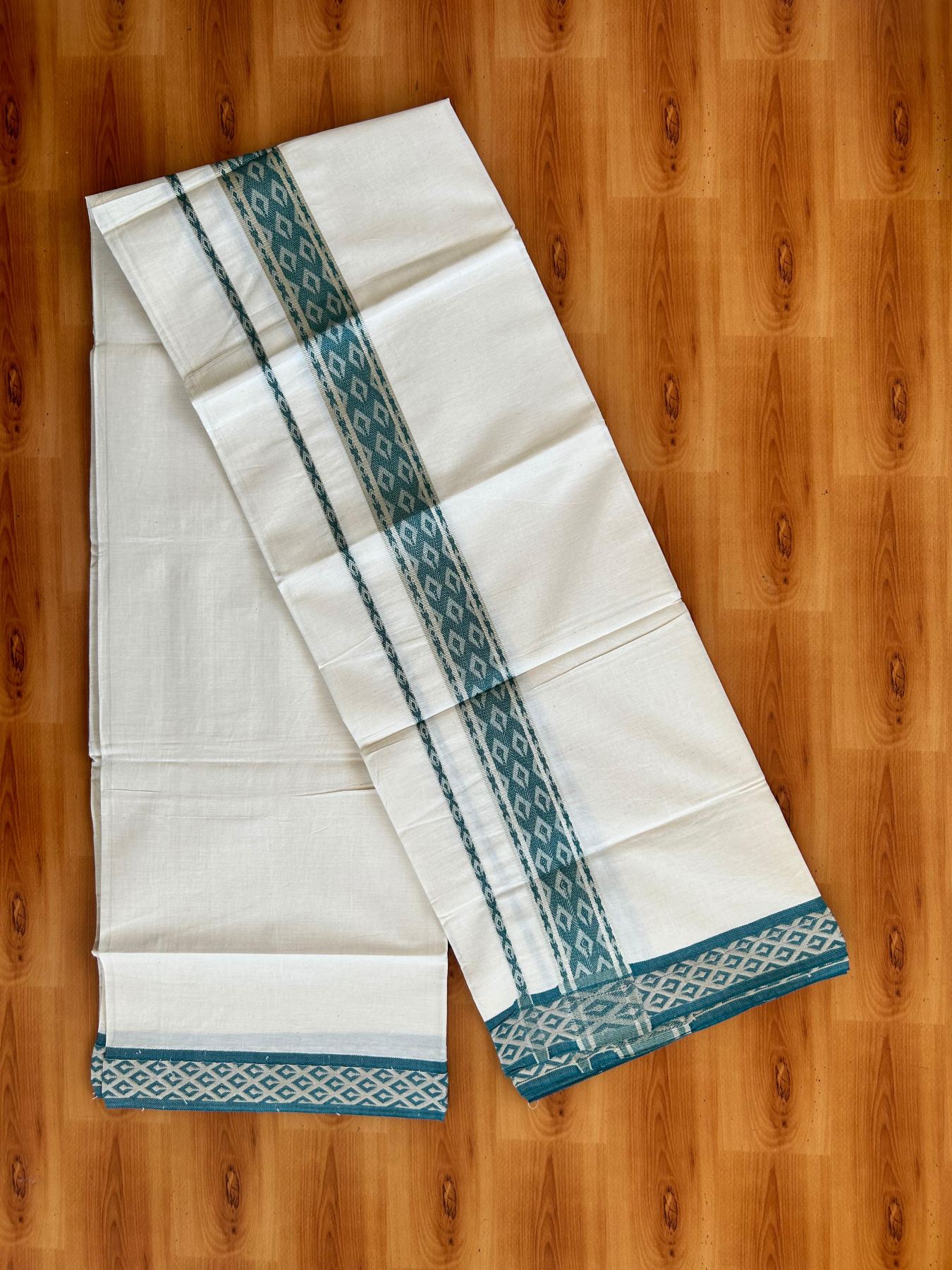 Single Off White (Unbleached) Mundu/Dhoti - 20% Discount ! KaithariKada 100% Pure Cotton - 70X30 - 1.75 inch Silver Kasav & Peacock Blue Jacquard Design kara 2 mtr (4 Muzham) - 23 KK5494 PMC