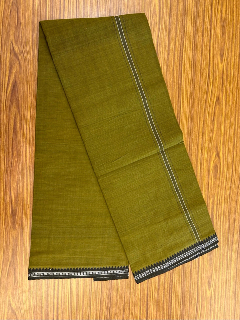 Premium Kathar Type Kavi Mund Pure cotton - Kaitharikada - Single Kaily / Lungi - 1 inch Black & White Stripes Kara kuppadam Border with Olive Brown colour body (2 meter / 4 muzham) - 13 KK8039 MUT