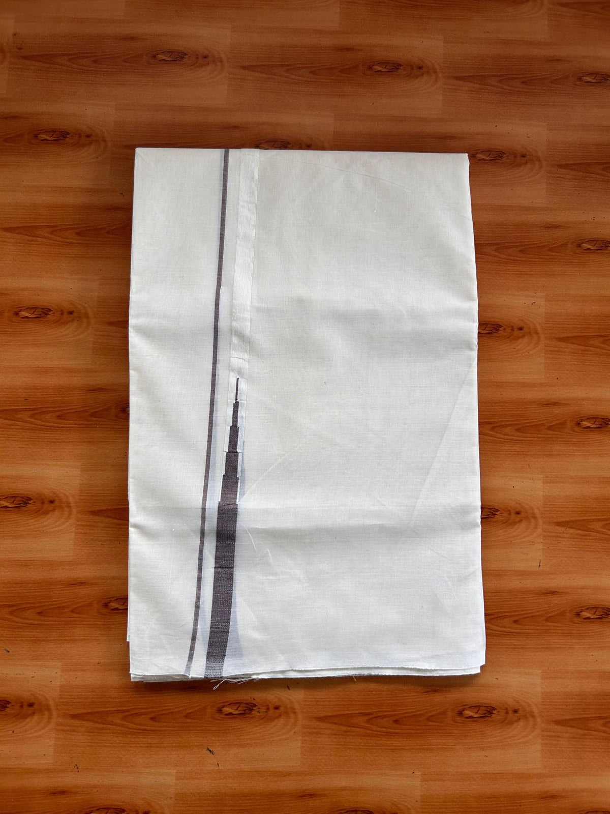 Double Off White (Unbleached) Mundu/Dhoti - 20% Discount!! KaithariKada Pulimood 100% Cotton 100X100 - 0.5 inch Puliyilakkara Brown Chutty Kara - 4 mtr (8.5 muzham) - 7 KK5542 ASH