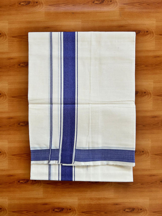 Single Off White - (Unbleached) Mundu/Dhoti - KaithariKada Balaramapuram Pure Cotton 70x30 - 1.5 inch Blue Striped Kara (2 meter /4 muzham) - 34 KK5494 PMC