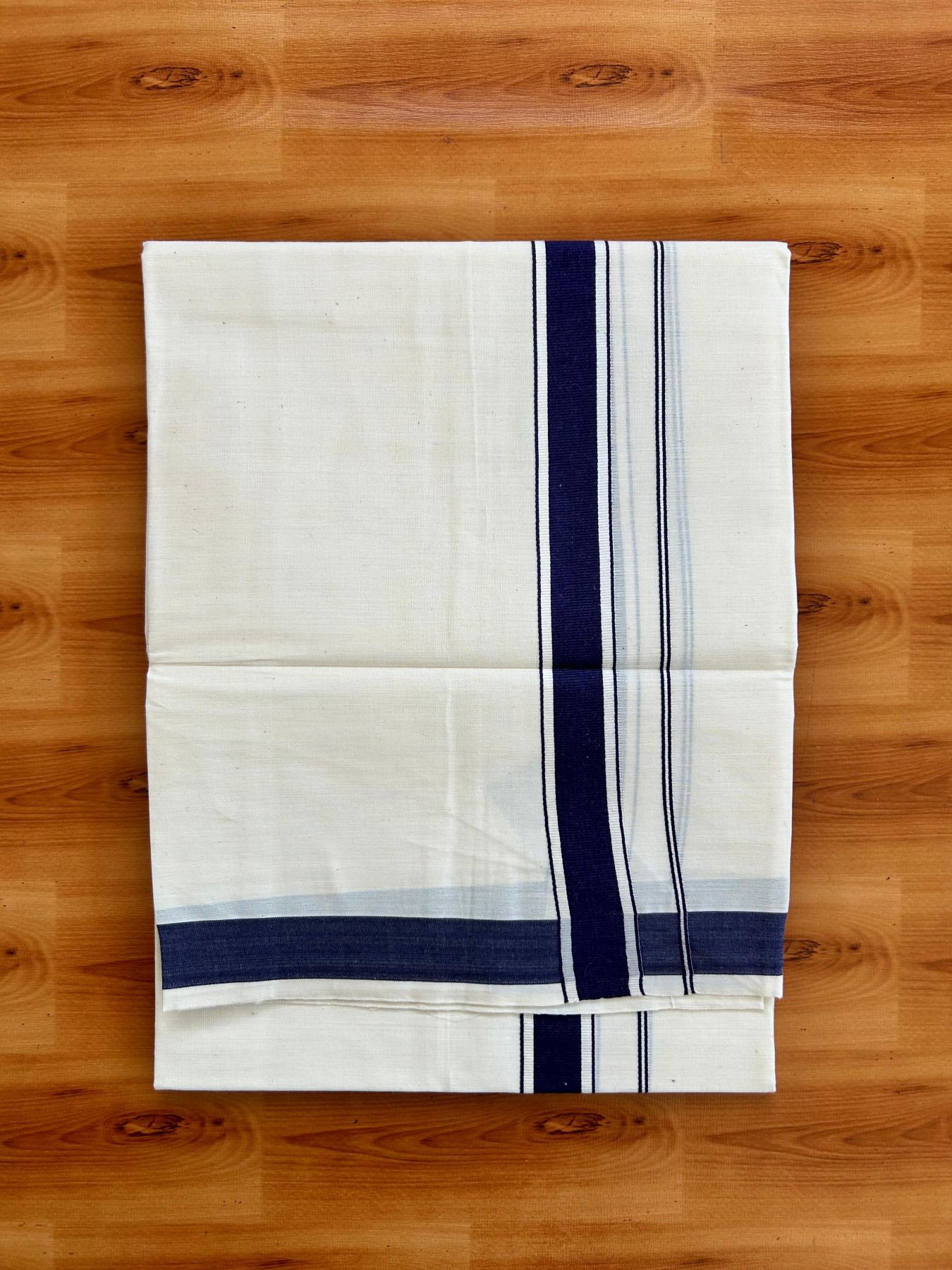 Single Off White - (Unbleached) Mundu/Dhoti - KaithariKada Balaramapuram Pure Cotton 70x30 - 1.25 inch Navy Blue Striped Kara (2 meter /4 muzham) - 33 KK5494 PMC
