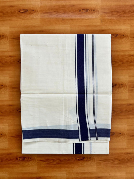 Single Off White - (Unbleached) Mundu/Dhoti - KaithariKada Balaramapuram Pure Cotton 70x30 - 1.25 inch Navy Blue Striped Kara (2 meter /4 muzham) - 33 KK5494 PMC