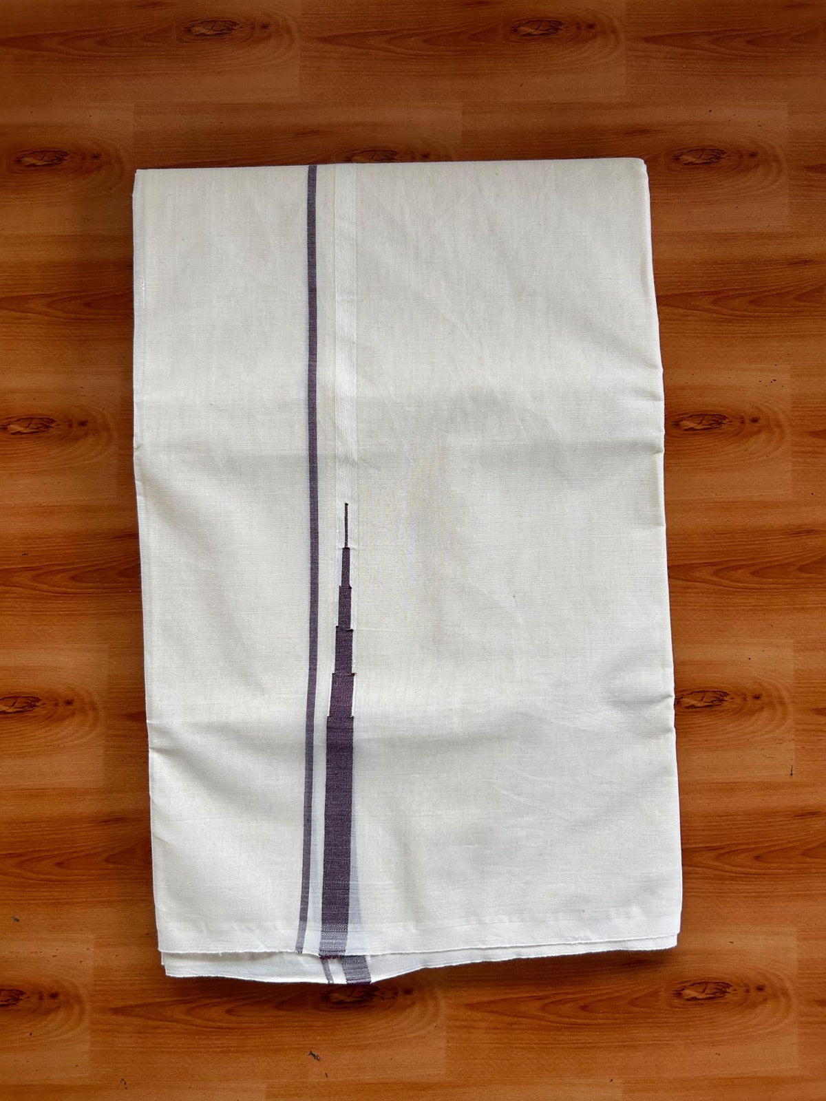 Double Off White (Unbleached) Mundu/Dhoti - 20% Discount!! KaithariKada Pulimood 100% Cotton 100X100 - 0.5 inch Puliyilakkara Vine Shaded Chutty Kara - 4 mtr (8.5 muzham) - 13 KK5542 ASH