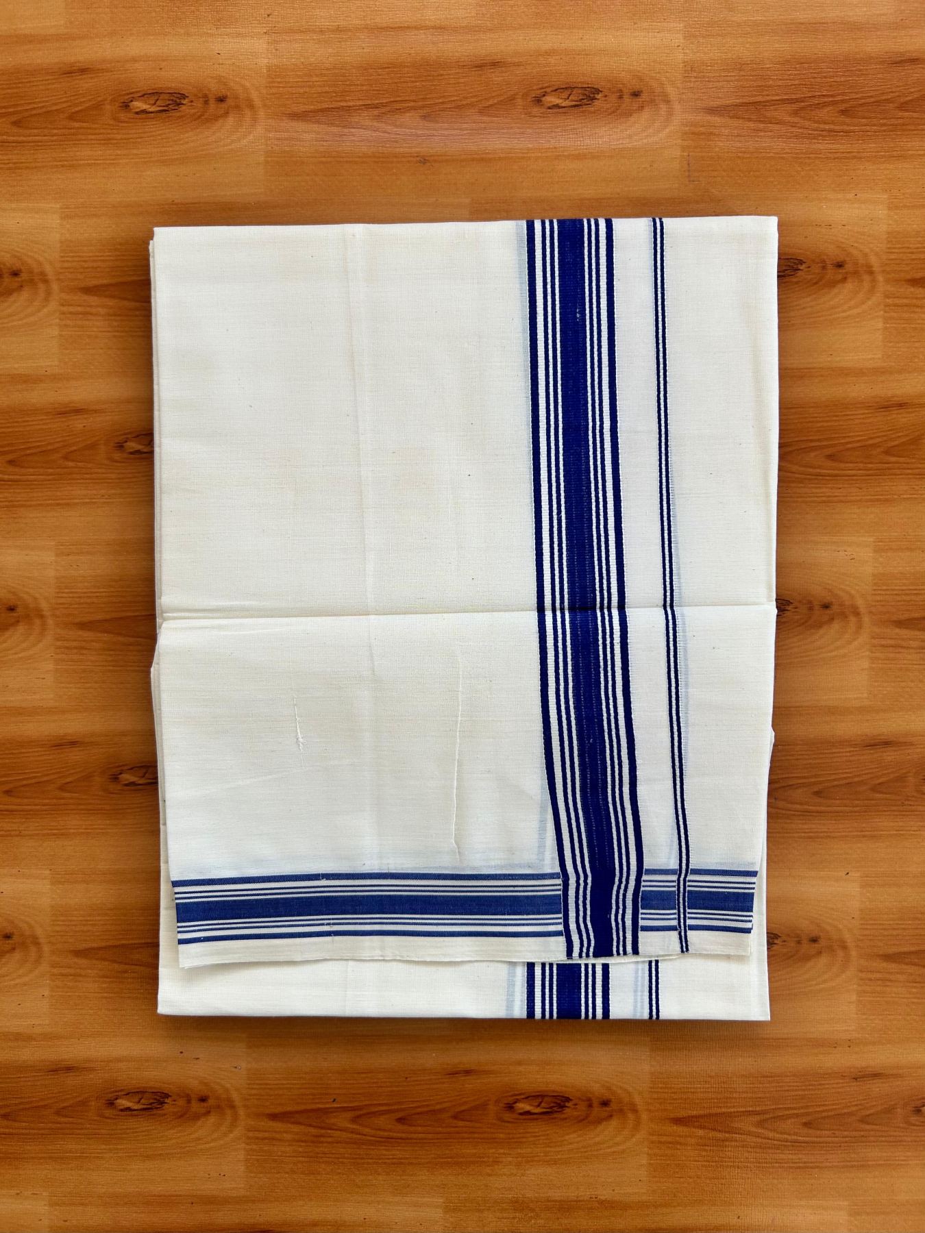 Single Off White - (Unbleached) Mundu/Dhoti - KaithariKada Balaramapuram Pure Cotton 70x30 - 1.25 inch Blue Striped Kara (2 meter /4 muzham) - 26 KK5494 PMC