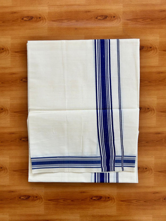 Single Off White - (Unbleached) Mundu/Dhoti - KaithariKada Balaramapuram Pure Cotton 70x30 - 1.25 inch Blue Striped Kara (2 meter /4 muzham) - 26 KK5494 PMC