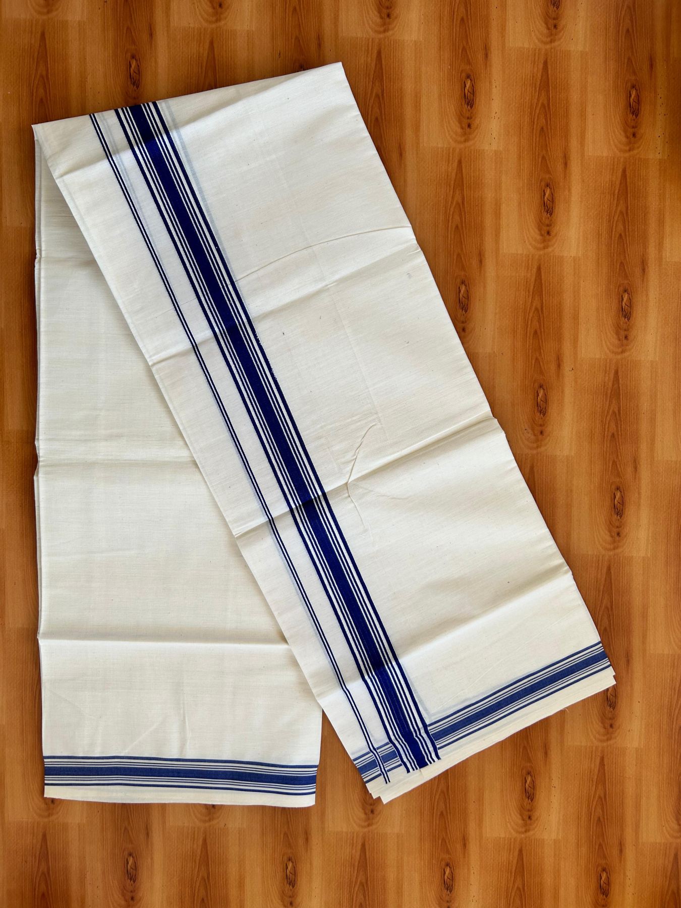 Single Off White - (Unbleached) Mundu/Dhoti - KaithariKada Balaramapuram Pure Cotton 70x30 - 1.25 inch Blue Striped Kara (2 meter /4 muzham) - 26 KK5494 PMC