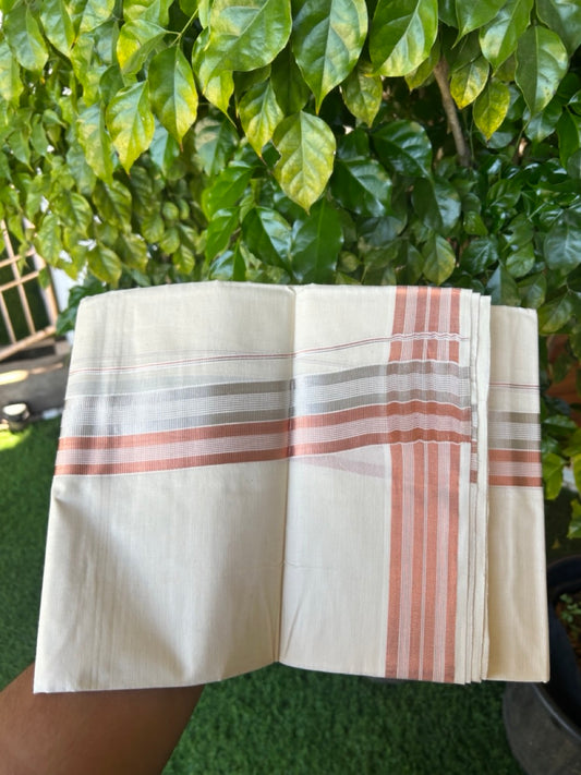 20% DISCOUNT!! KaithariKada Balaramapuram DOUBLE OFF WHITE - (Ubleached) Mundu/Dhoti - Cotton mix 80x72 - 2 inch Copper Kasavu & Silver Kasavu Stripes Kara - 86KK5217 CKS