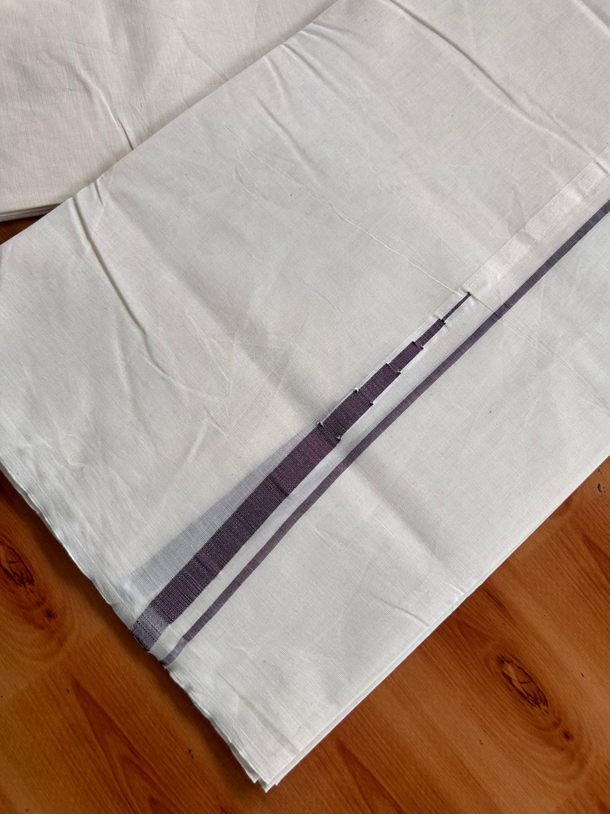 Double Off White (Unbleached) Mundu/Dhoti - 20% Discount!! KaithariKada Pulimood 100% Cotton 100X100 - 0.5 inch Puliyilakkara Vine Shaded Chutty Kara - 4 mtr (8.5 muzham) - 13 KK5542 ASH