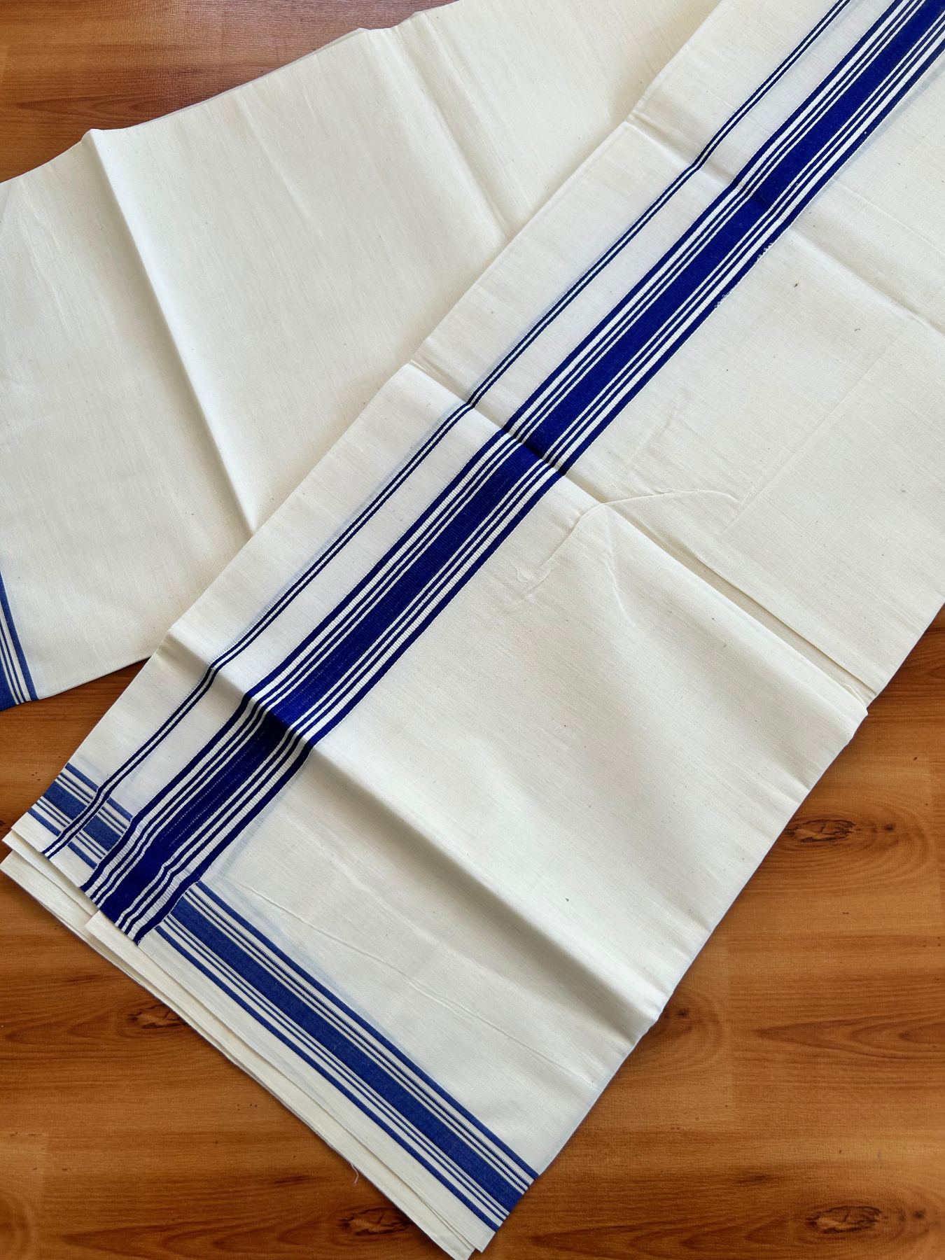 Single Off White - (Unbleached) Mundu/Dhoti - KaithariKada Balaramapuram Pure Cotton 70x30 - 1.25 inch Blue Striped Kara (2 meter /4 muzham) - 26 KK5494 PMC
