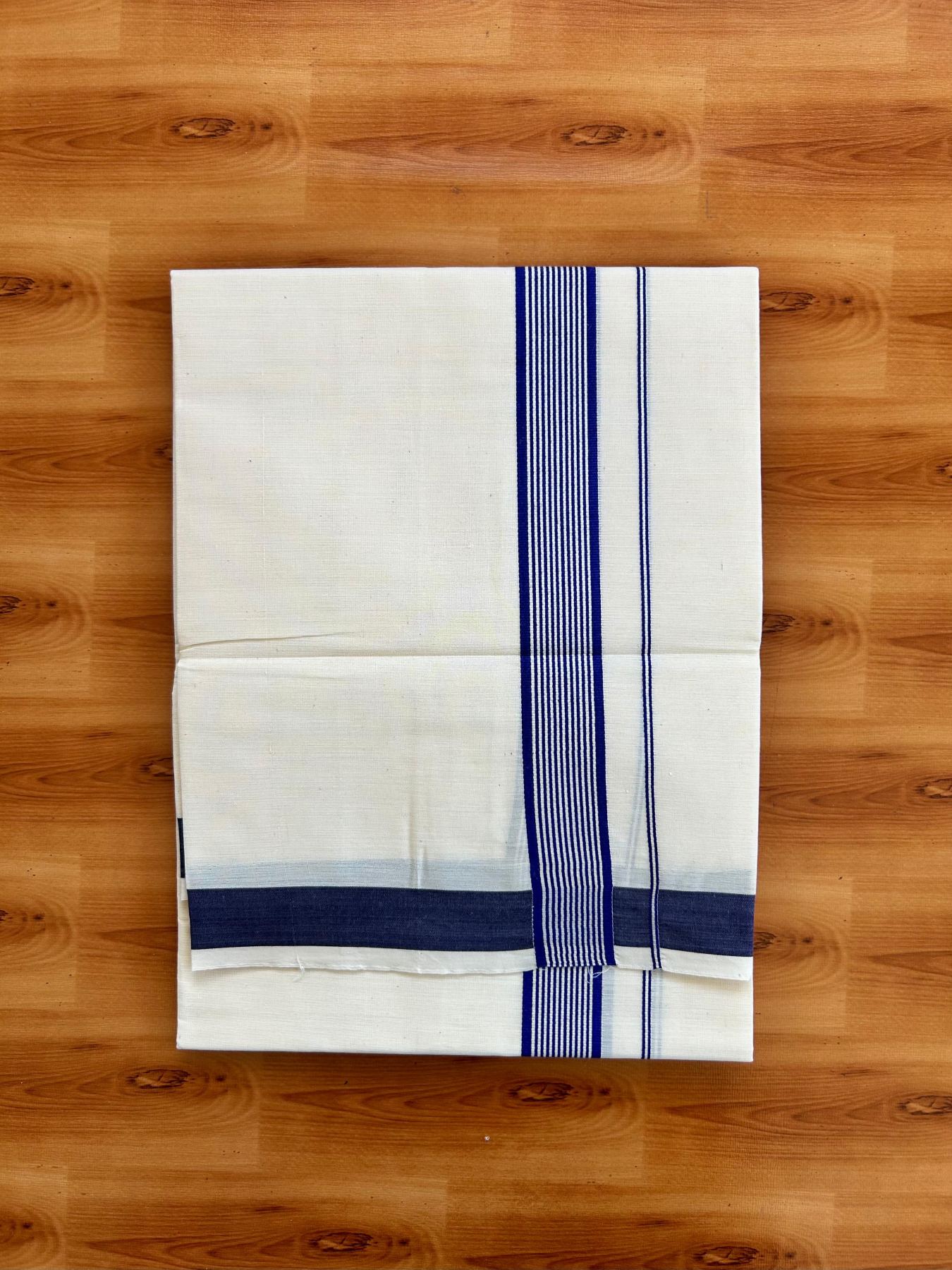 Single Off White - (Unbleached) Mundu/Dhoti - KaithariKada Balaramapuram Pure Cotton 70x30 - 1.25 inch Blue Striped Kara (2 meter /4 muzham) - 27 KK5494 PMC