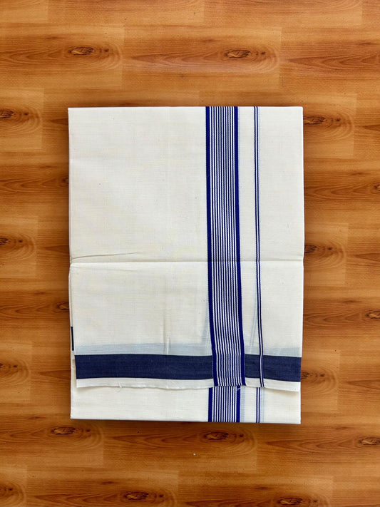 Single Off White - (Unbleached) Mundu/Dhoti - KaithariKada Balaramapuram Pure Cotton 70x30 - 1.25 inch Blue Striped Kara (2 meter /4 muzham) - 27 KK5494 PMC