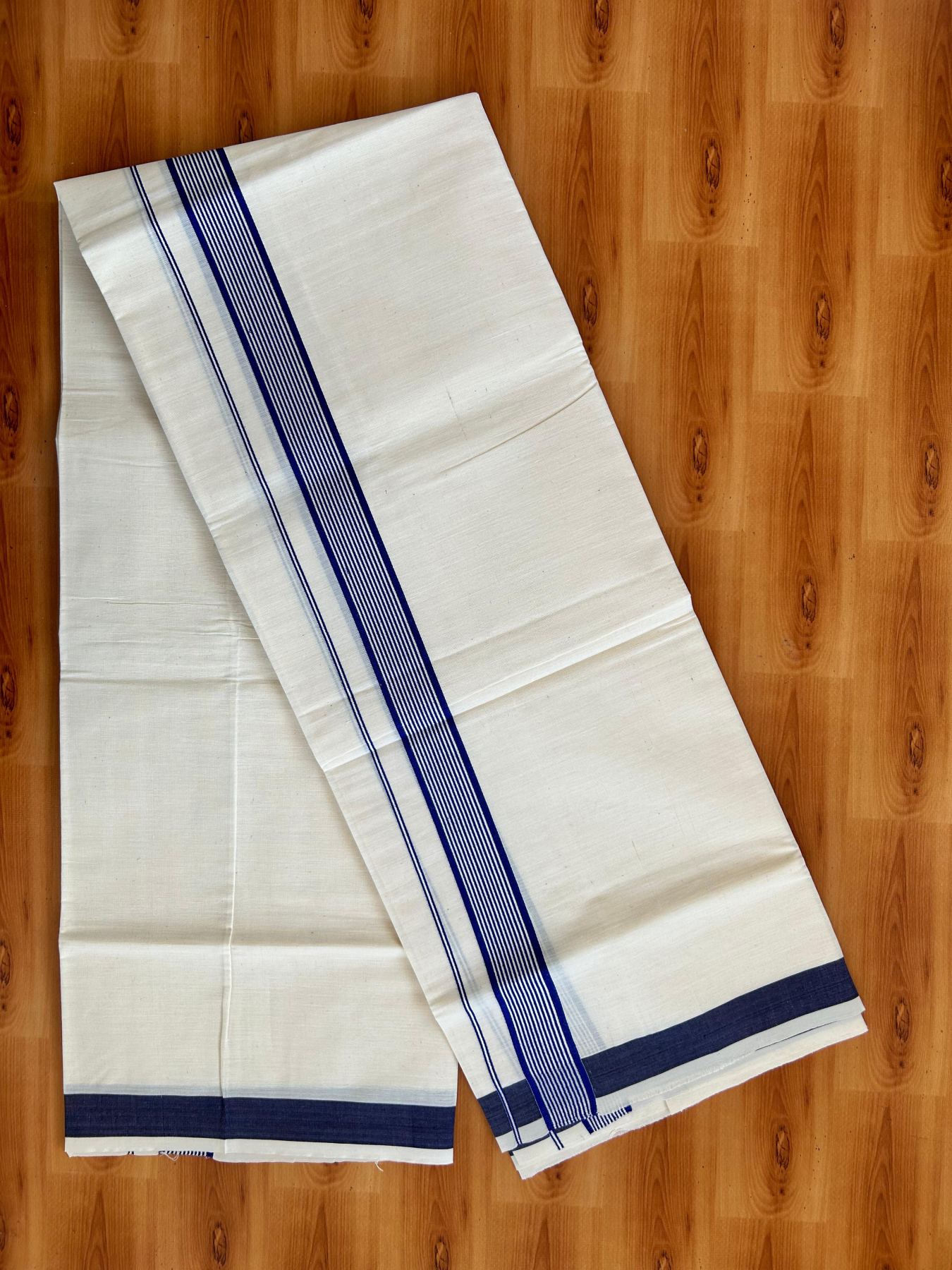 Single Off White - (Unbleached) Mundu/Dhoti - KaithariKada Balaramapuram Pure Cotton 70x30 - 1.25 inch Blue Striped Kara (2 meter /4 muzham) - 27 KK5494 PMC