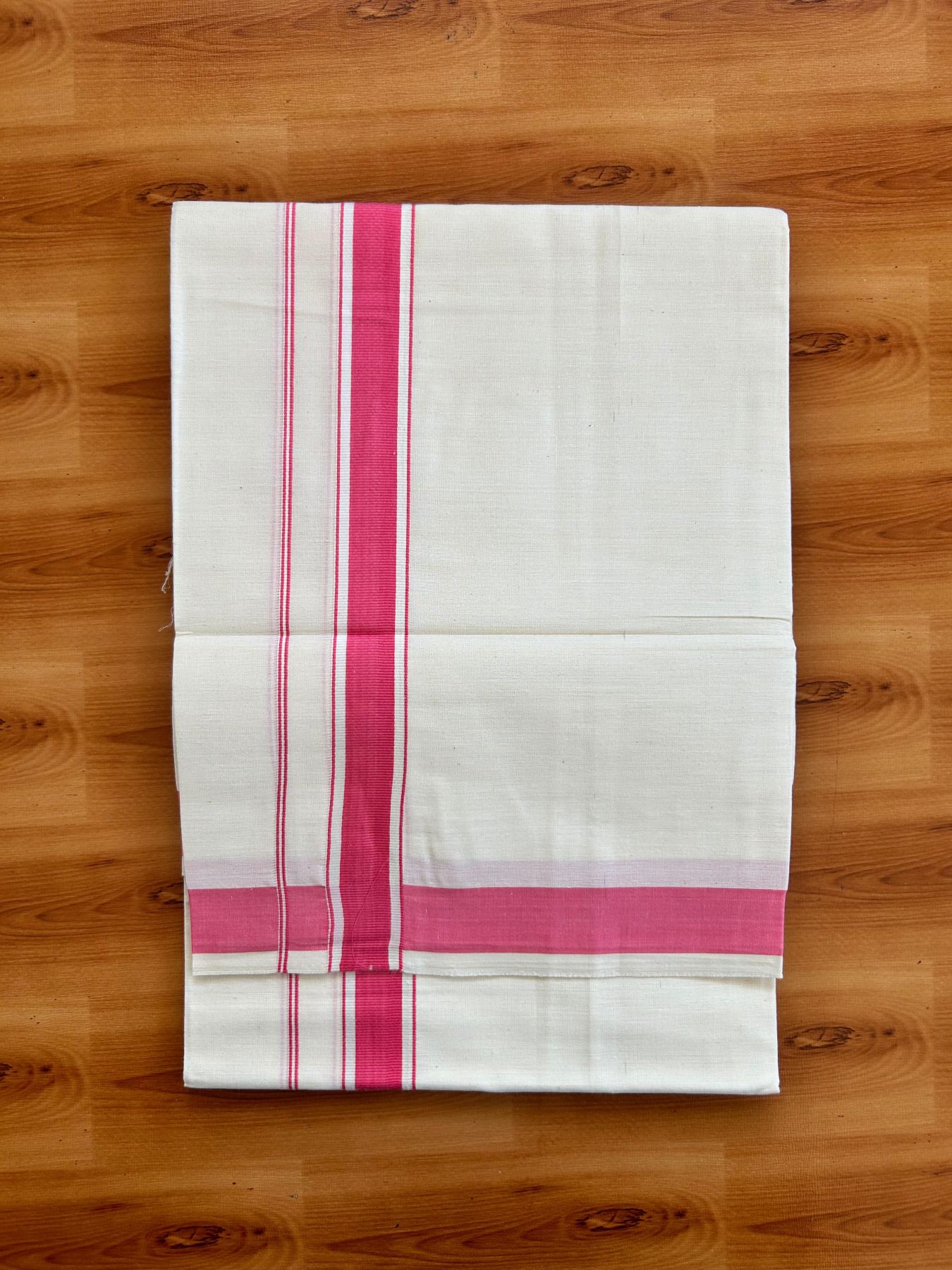 Single Off White - (Unbleached) Mundu/Dhoti - KaithariKada Balaramapuram Pure Cotton 70x30 - 1.25 inch Pink Striped Kara (2 meter /4 muzham) - 29 KK5494 PMC