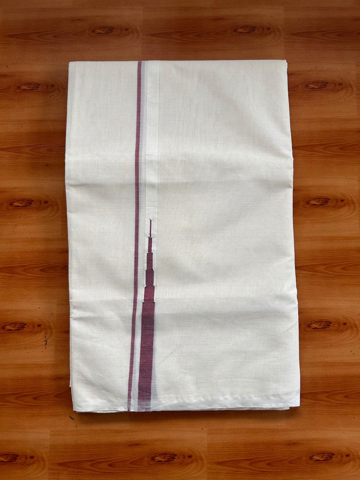 Double Off White (Unbleached) Mundu/Dhoti - 20% Discount!! KaithariKada Pulimood 100% Cotton 100X100 - 0.5 inch Puliyilakkara Maroon Chutty Kara - 4 mtr (8.5 muzham) - 11 KK5542 ASH